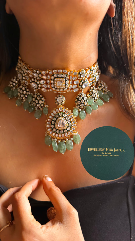 Meenakari emerald and mint polki choker necklace set