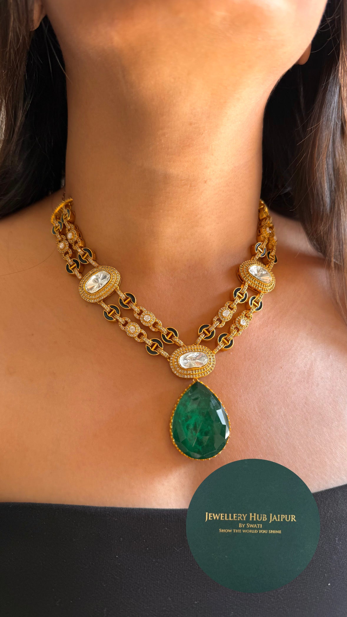 Emerald doublet & black meena cocktail necklace
