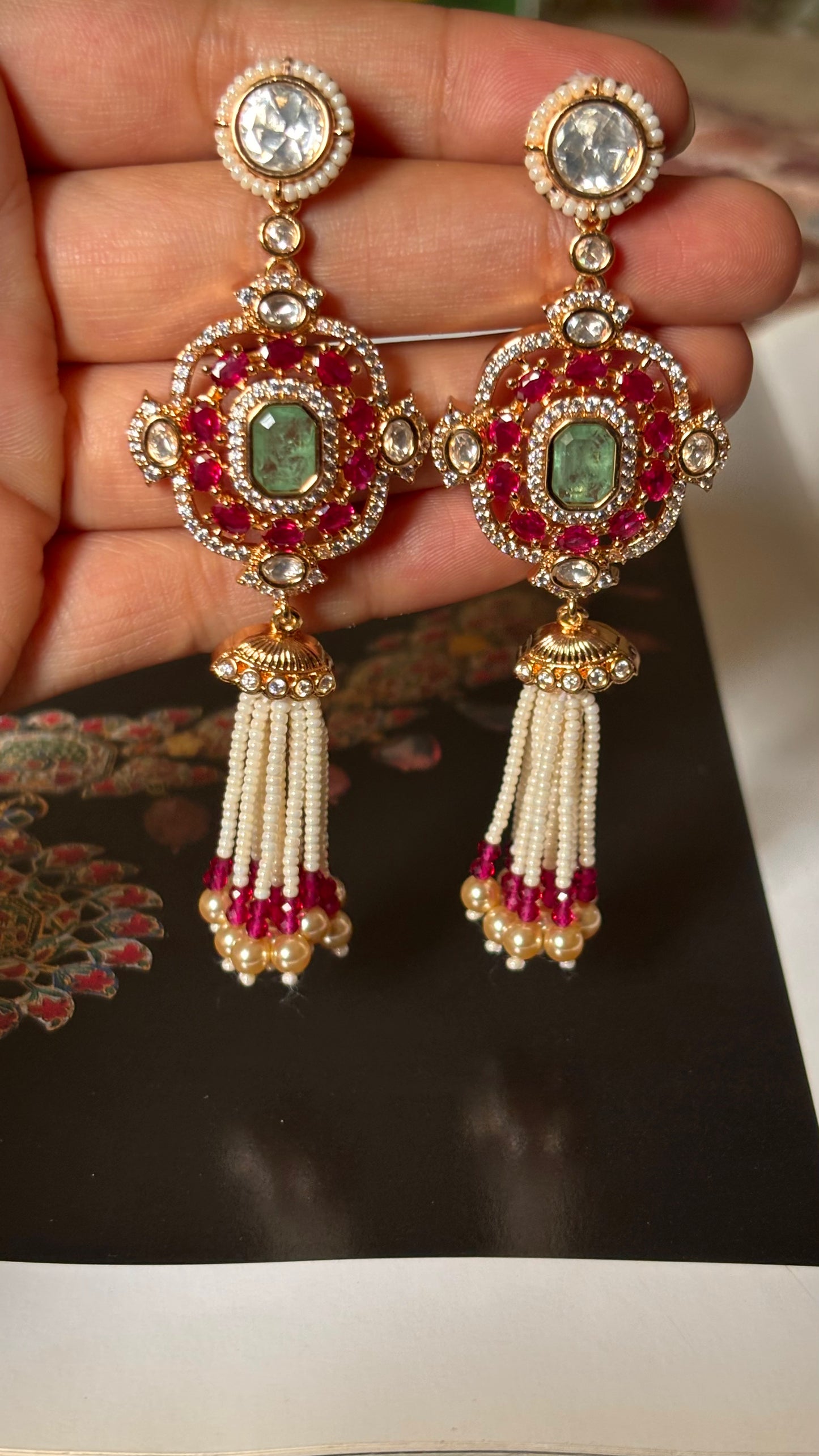 Rani pink doublets & mint with pearl detailing jhalar Earrings