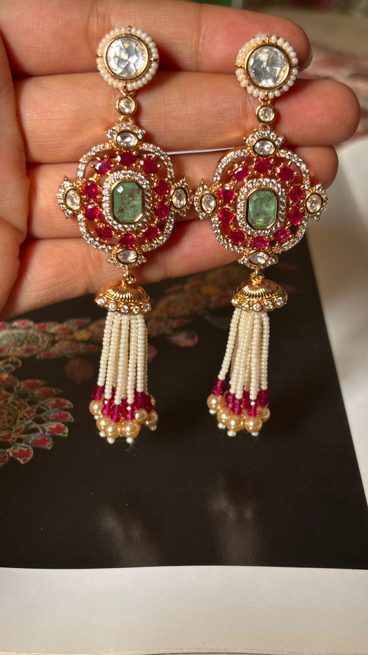 Rani pink doublets & mint with pearl detailing jhalar Earrings