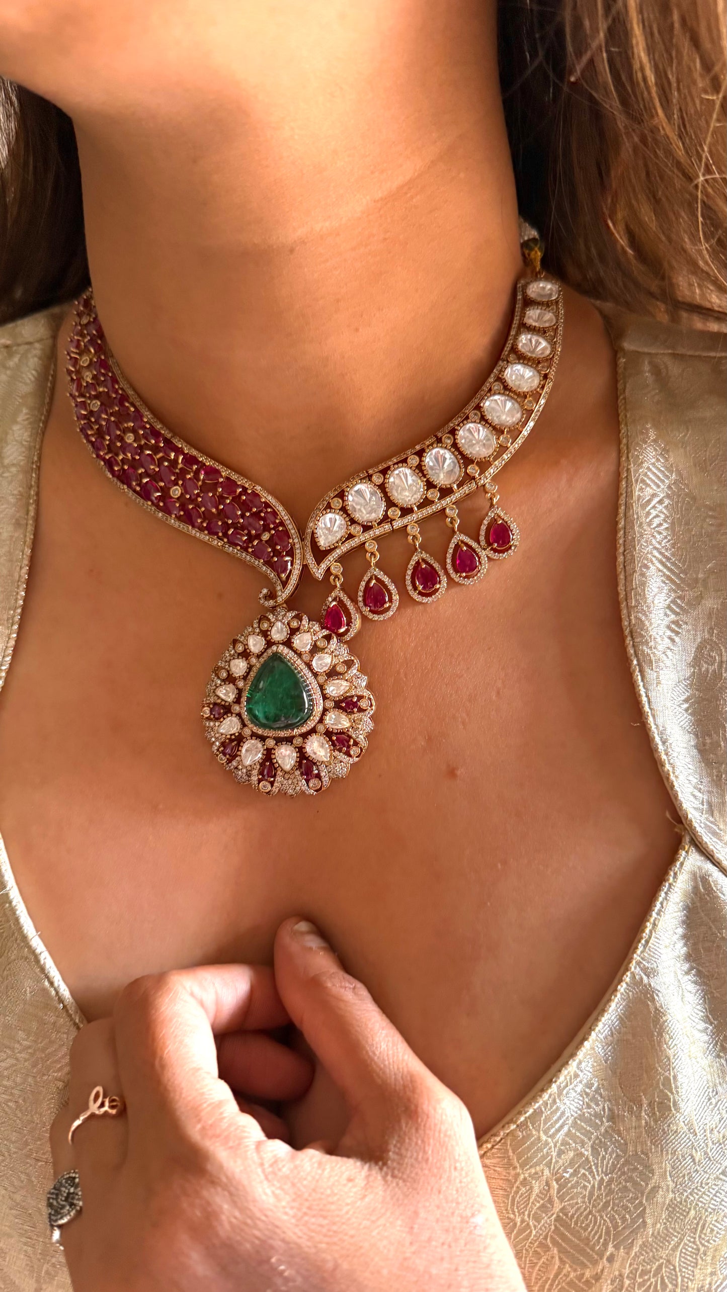 Mohini Emerald doublet & rani pink moissanite polki designer collar necklace