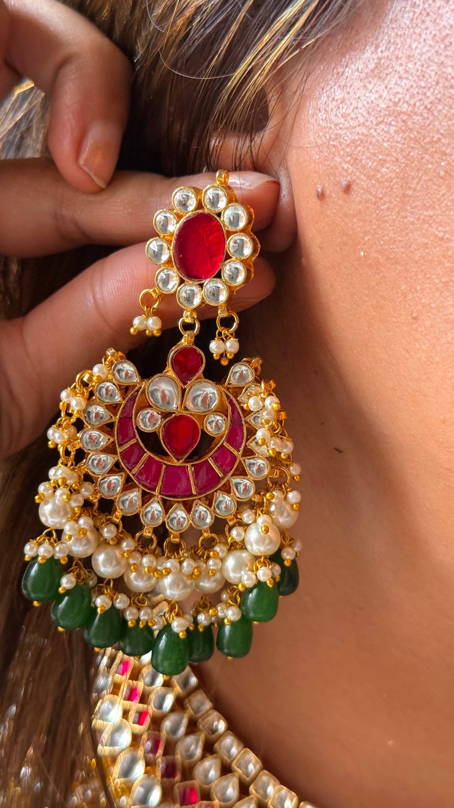 Lotus inspired emerald & Rani pink handmade Paachi Kundan jadau collar necklace