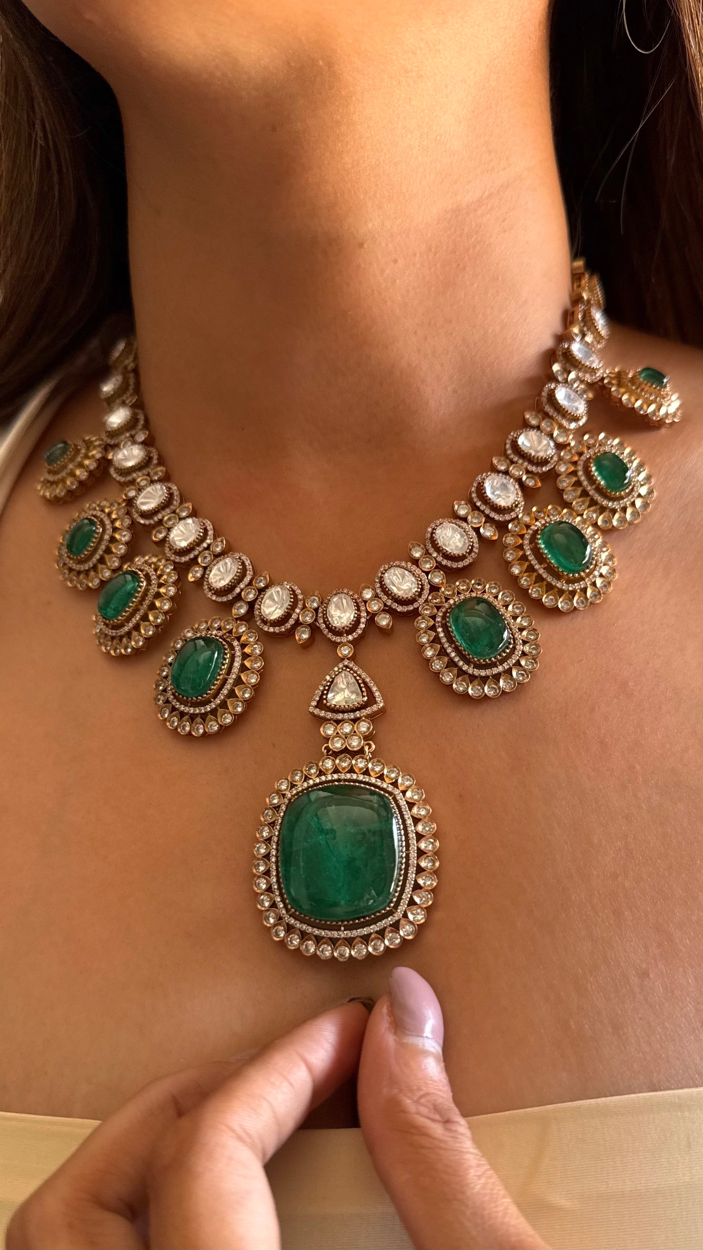 Emerald moissanite polki designer necklace
