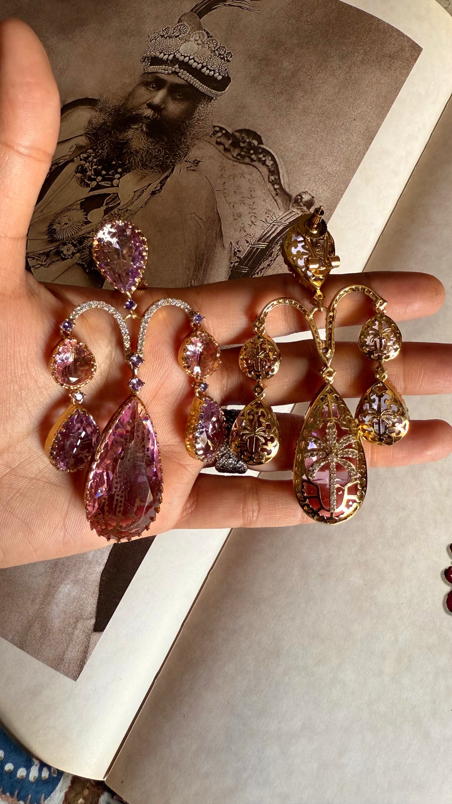 Sabhyasachi inspired light tanzanite & rose quartz danglers
