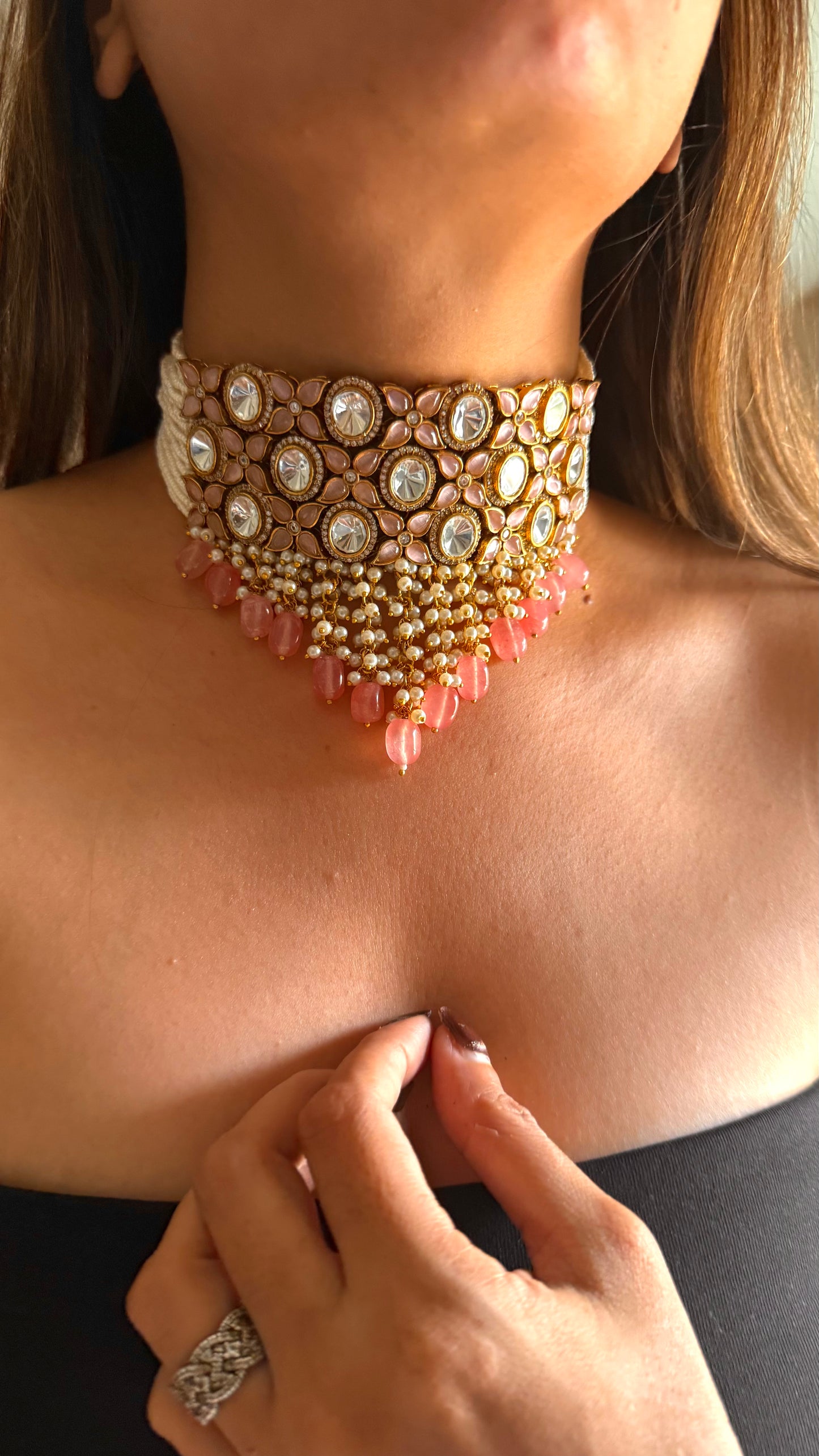 Rose quartz moissanite uncut thread choker