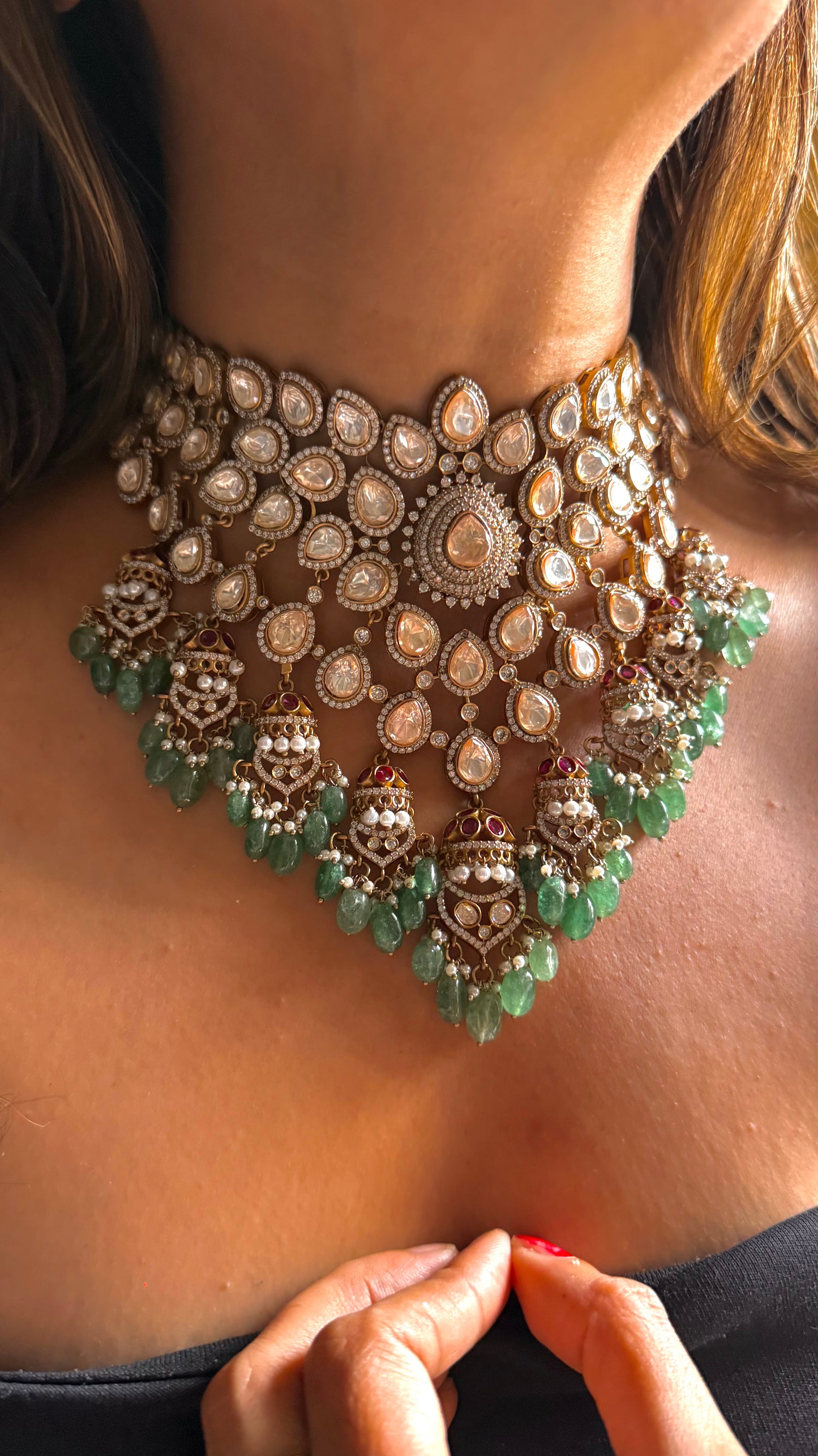 Bridal Asia LV Polki mint drop designer necklace