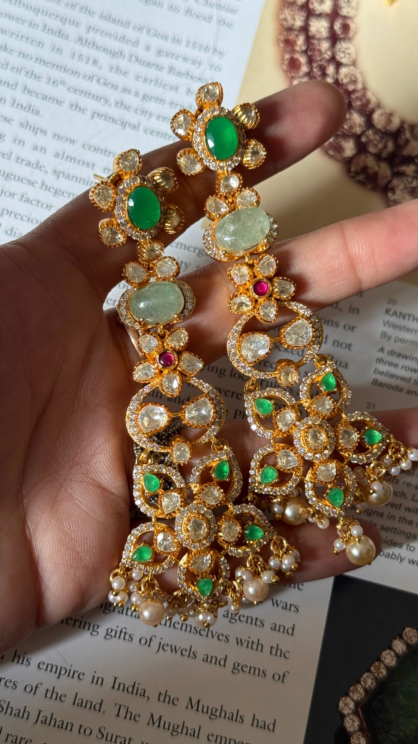 Emerald doublet ruby & real moissanite floral danglers