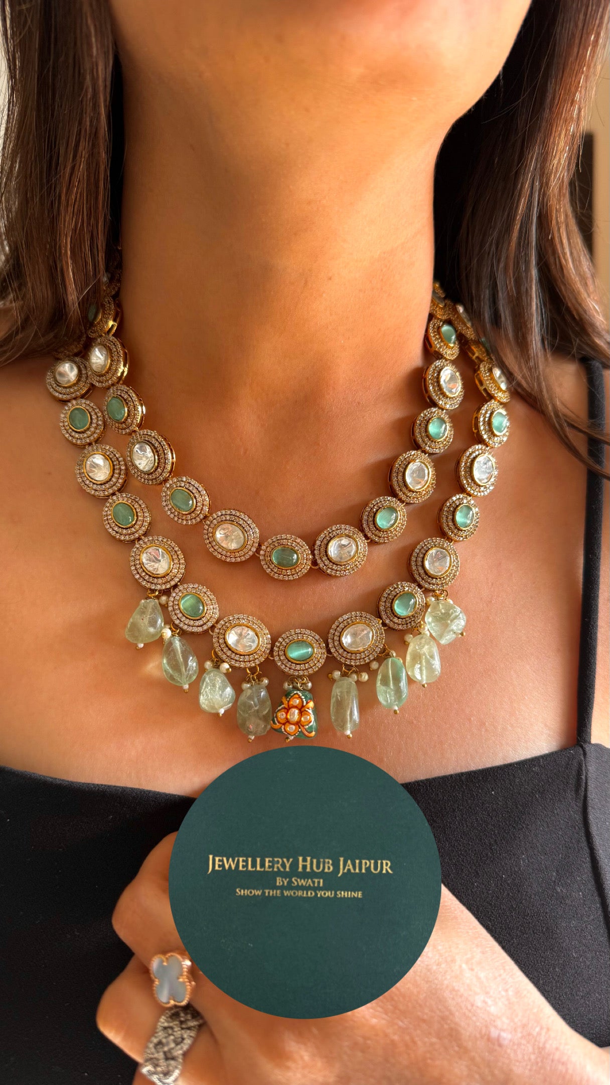 Mint uncut polki dual line necklace