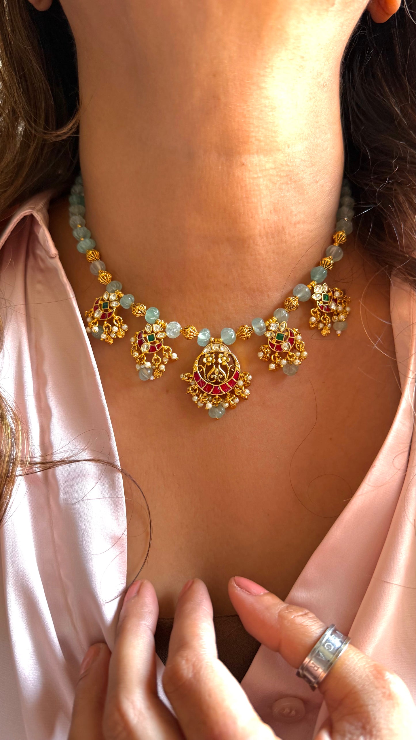 Mint strawberry pachi heritage nakshi necklace