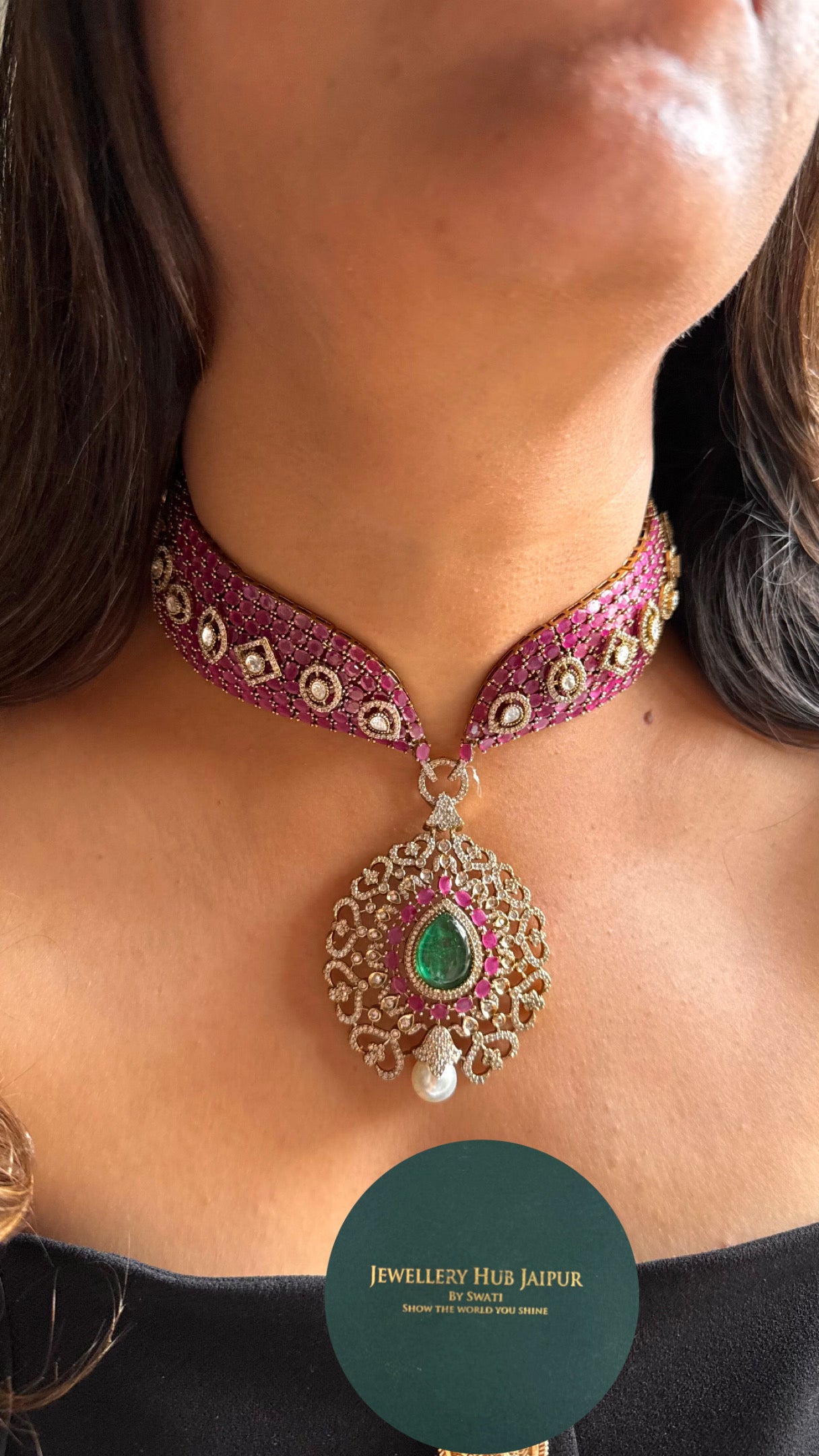 Emerald & rani pink with pearl cocktail Necklace