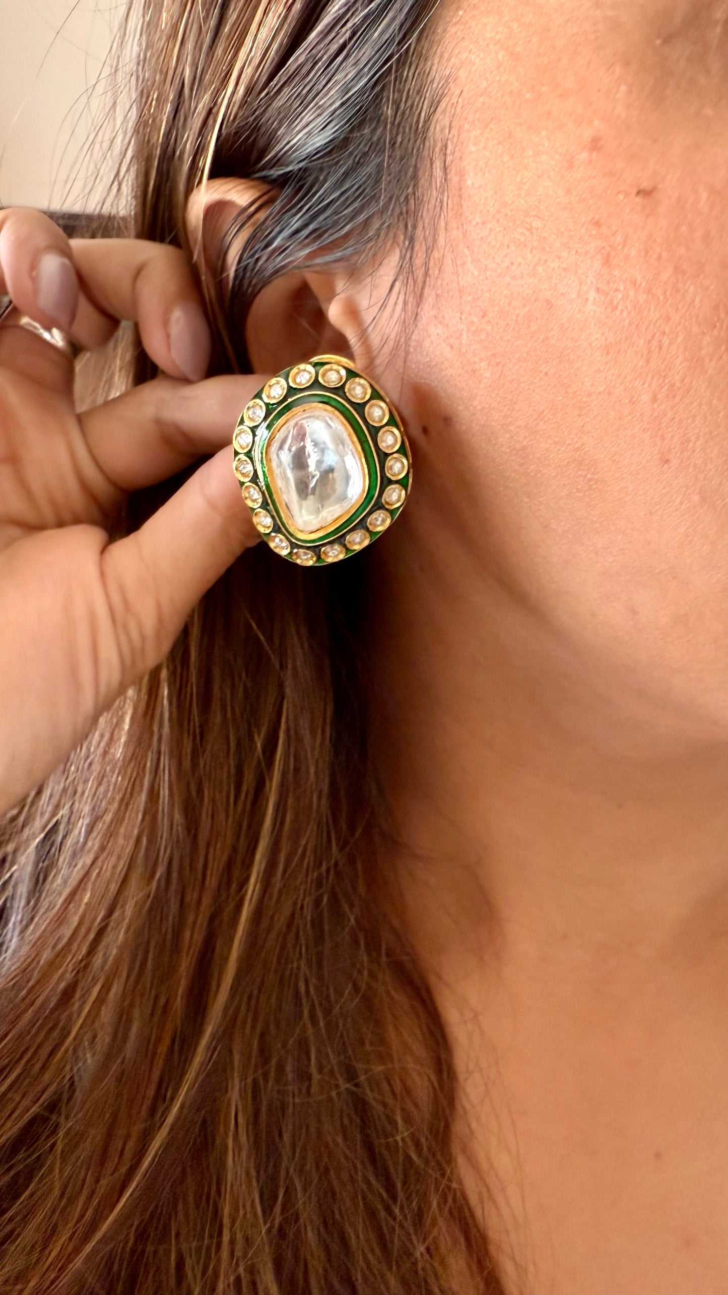 Meenakari emerald polki studs