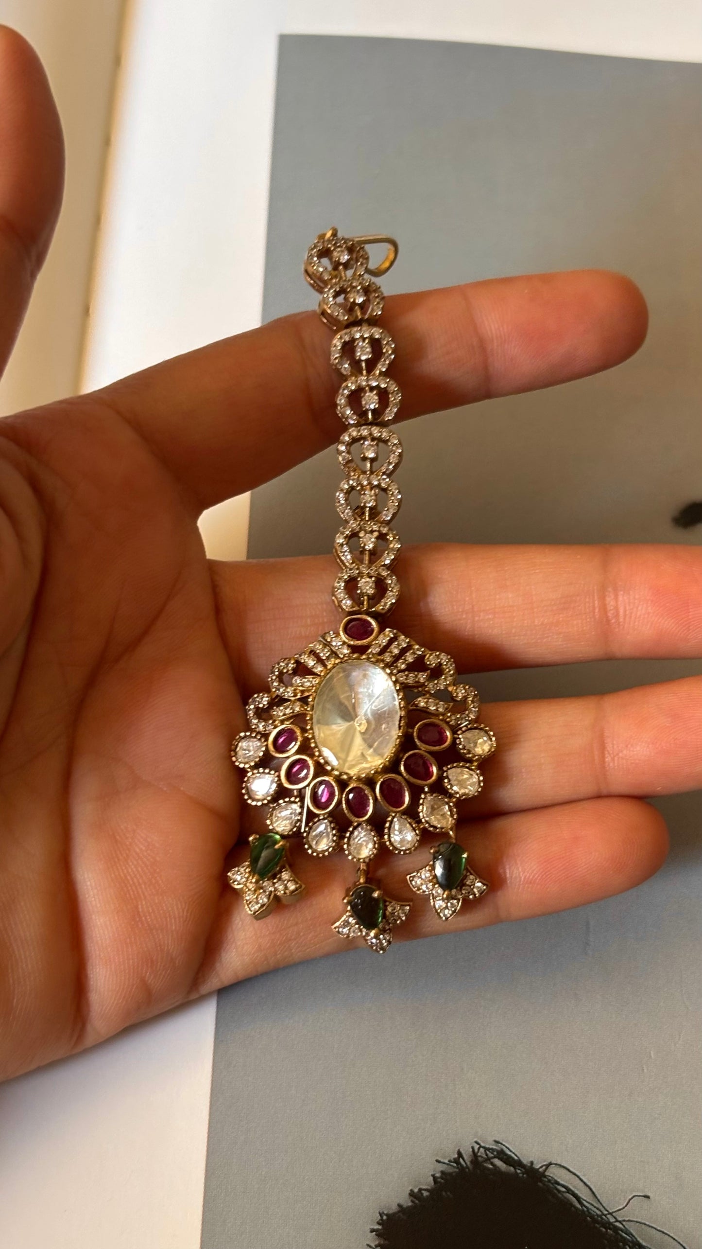 Rani pink with emerald doublet maangtika