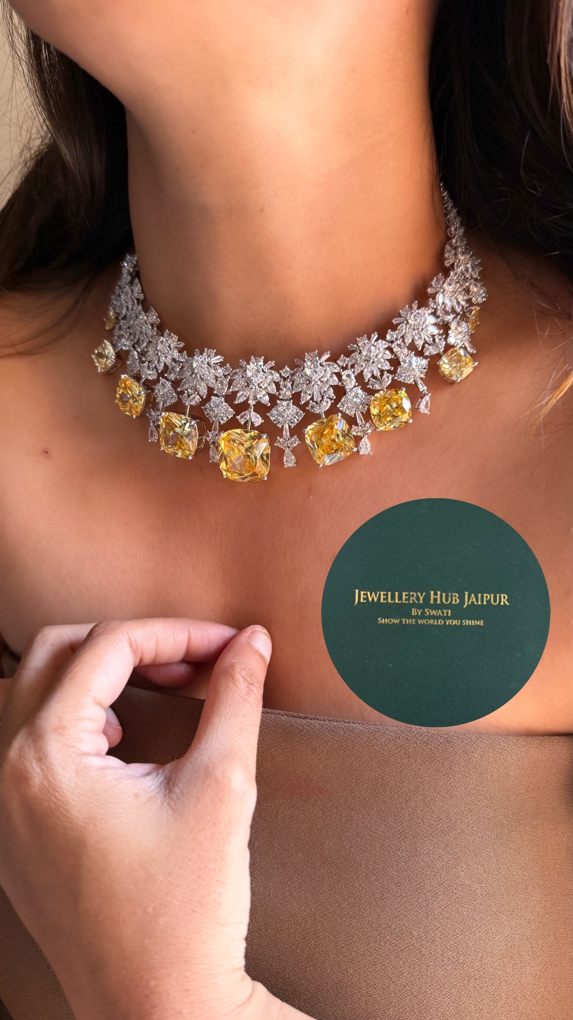 Citrine cz diamond floral design cocktail choker set