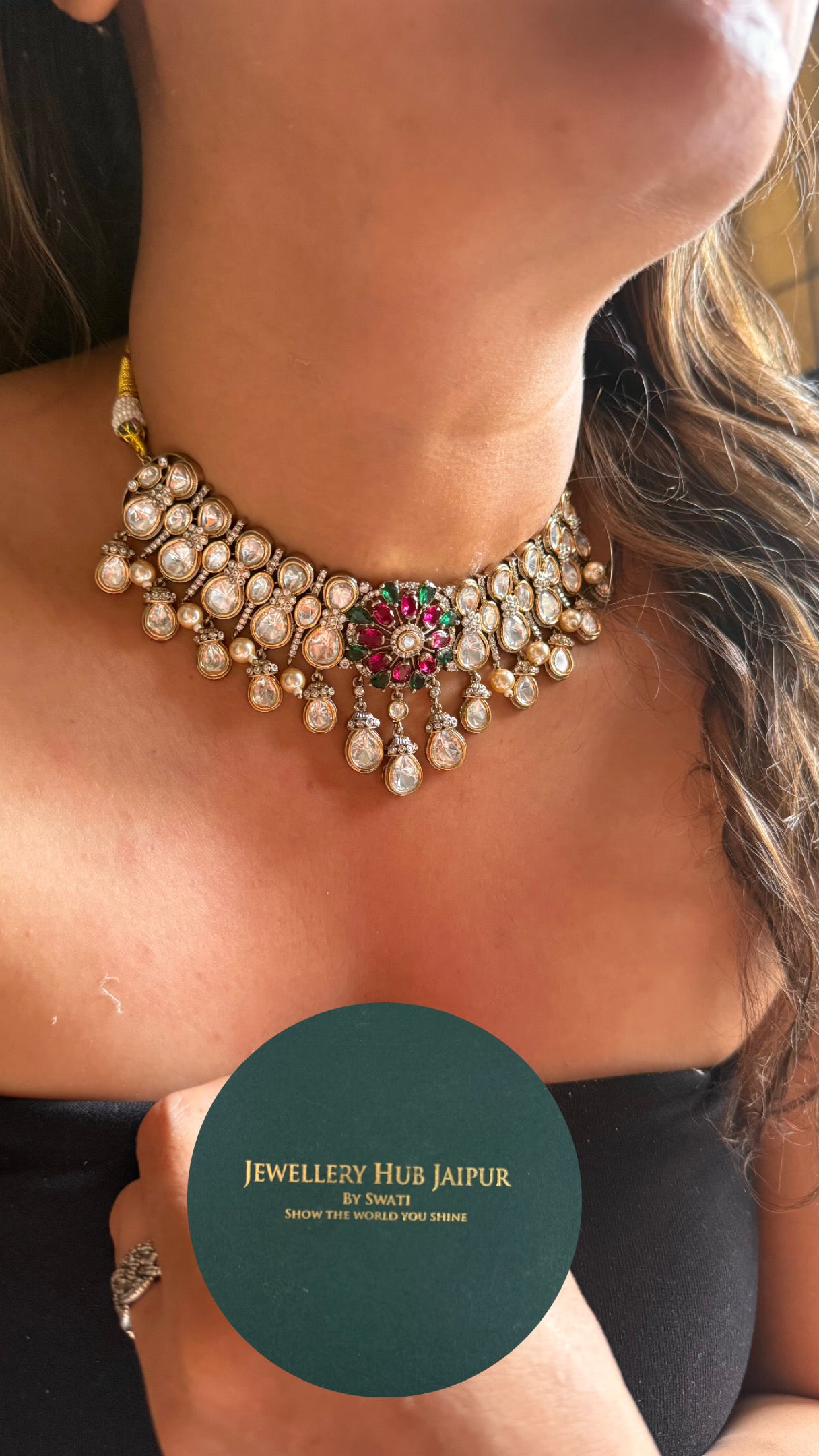 Emerald & rani pink ruby doublet with moissanite polki designer Necklace