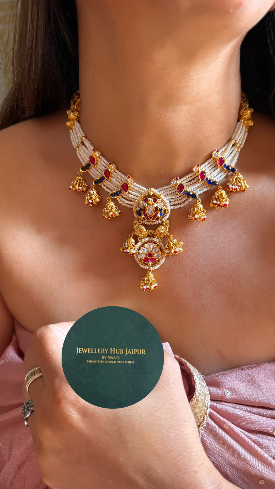 Real Moissanite Rajwada peacock Sapphire & ruby necklace