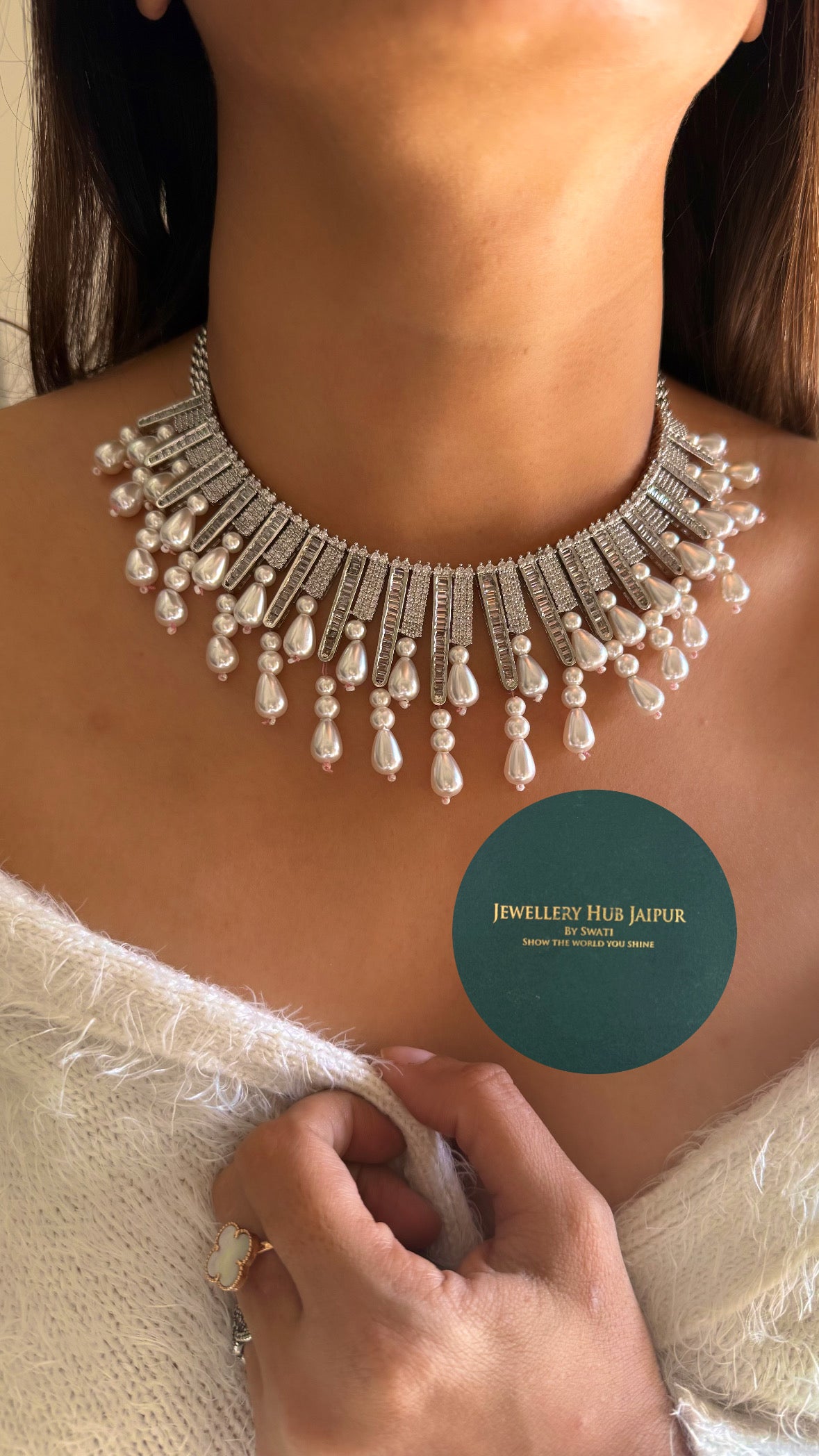 Tear shape pearl drop diamond necklace