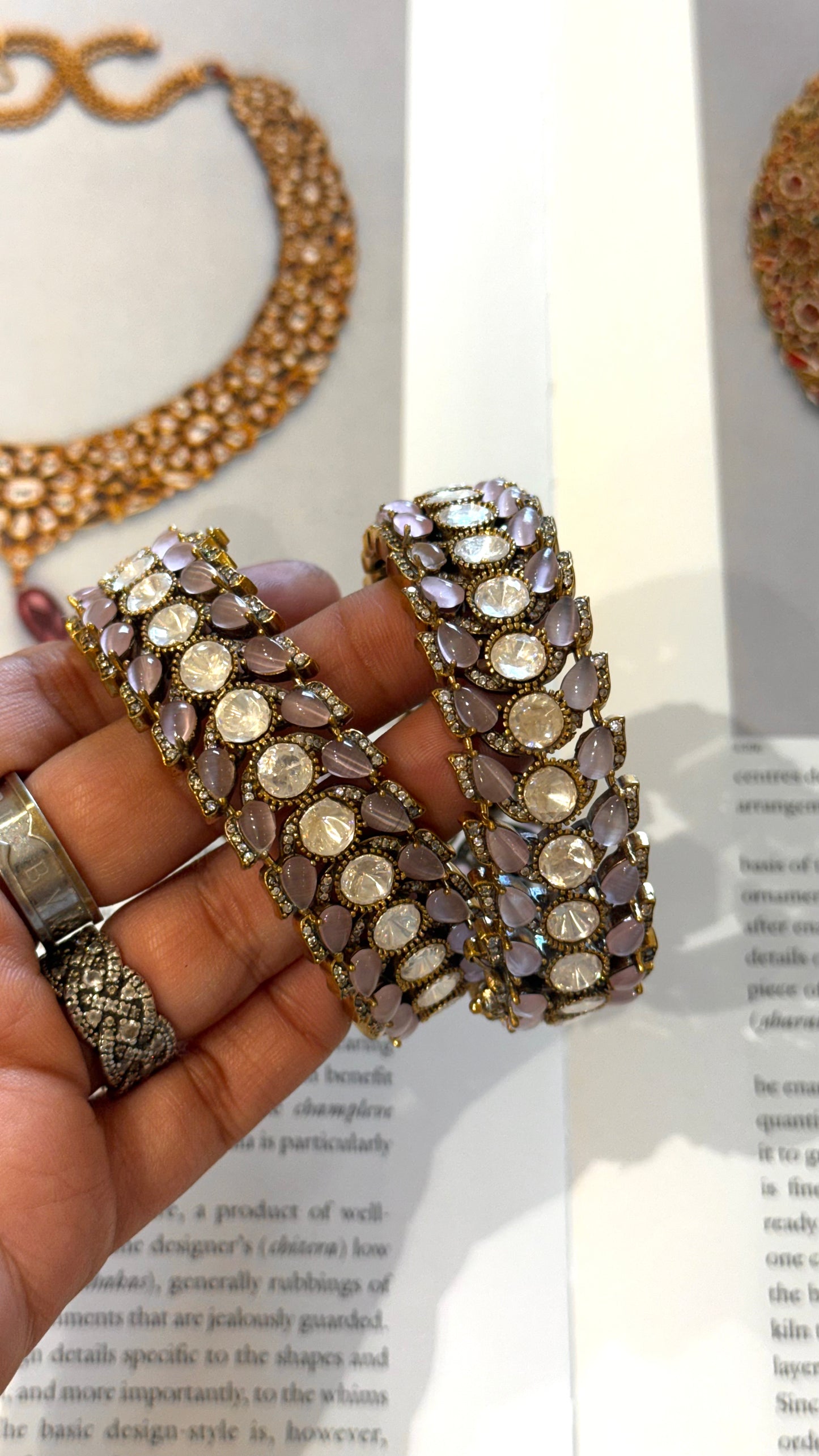 Rose quartz Victorian leafy designer bangles