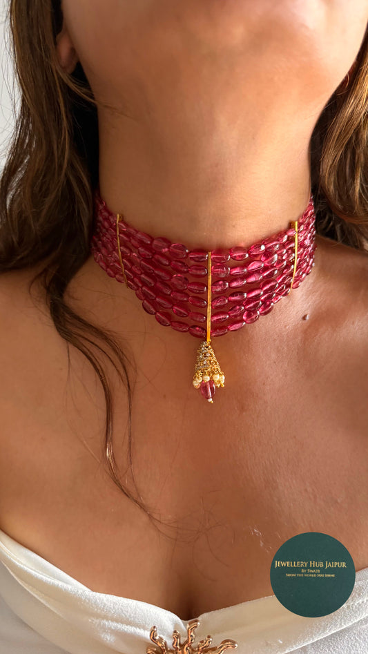 Designer jhumki pendant with rani pink ruby pearl detailing choker
