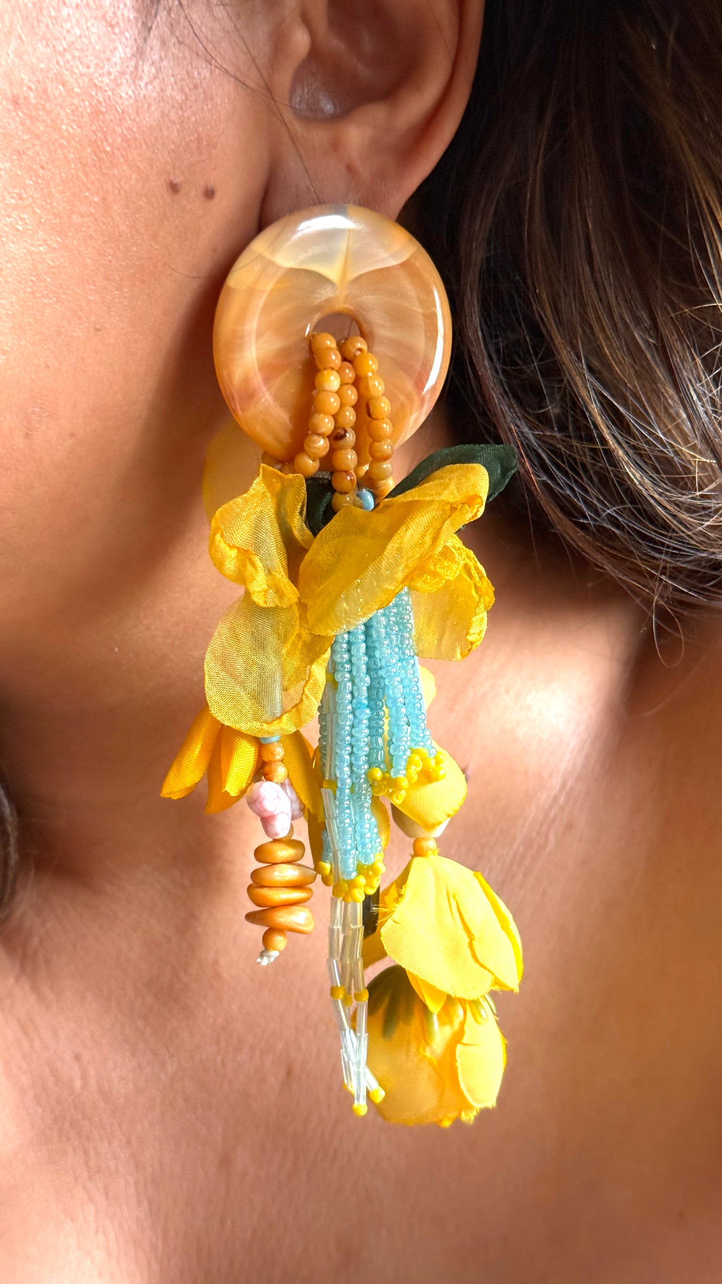 Yellow floral Carnival Danglers with hint of blue