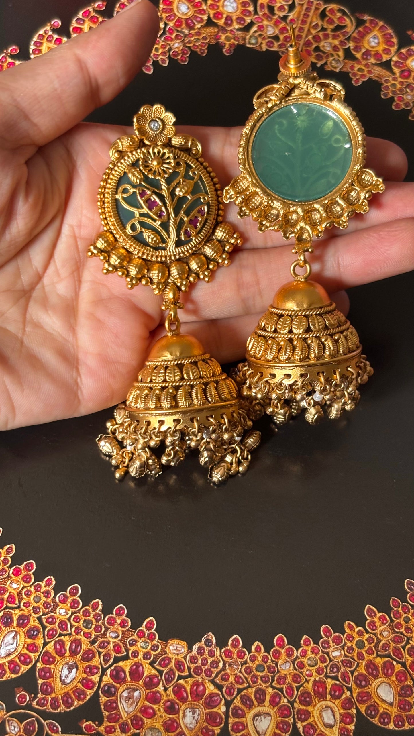 Mint inlay nakashi rani pink golden jhumki earrings