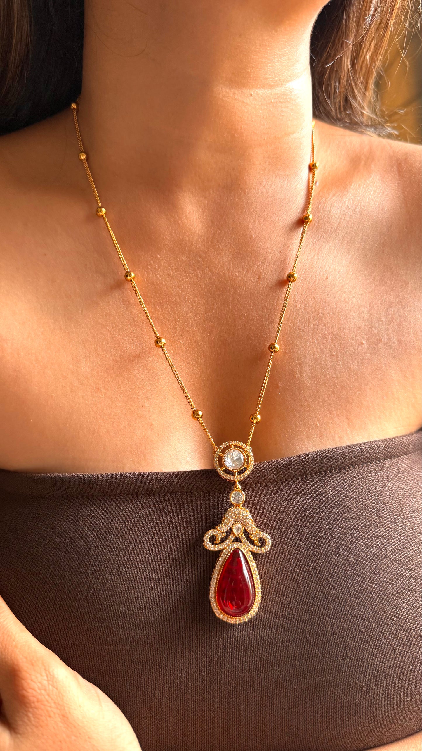 Ruby doublet moissanite minimal pendant set