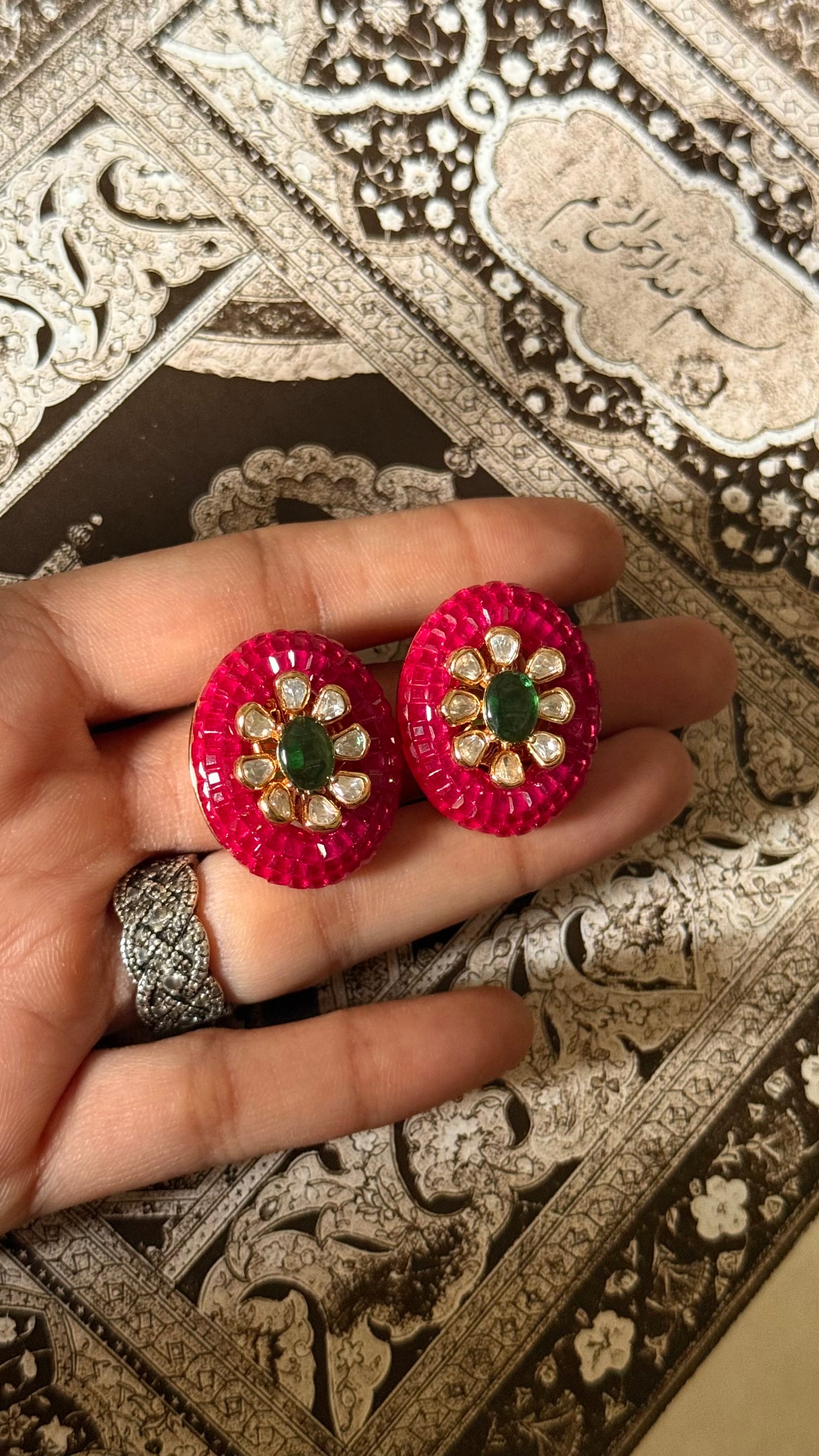 Rani pink & emerald doublet floral studs