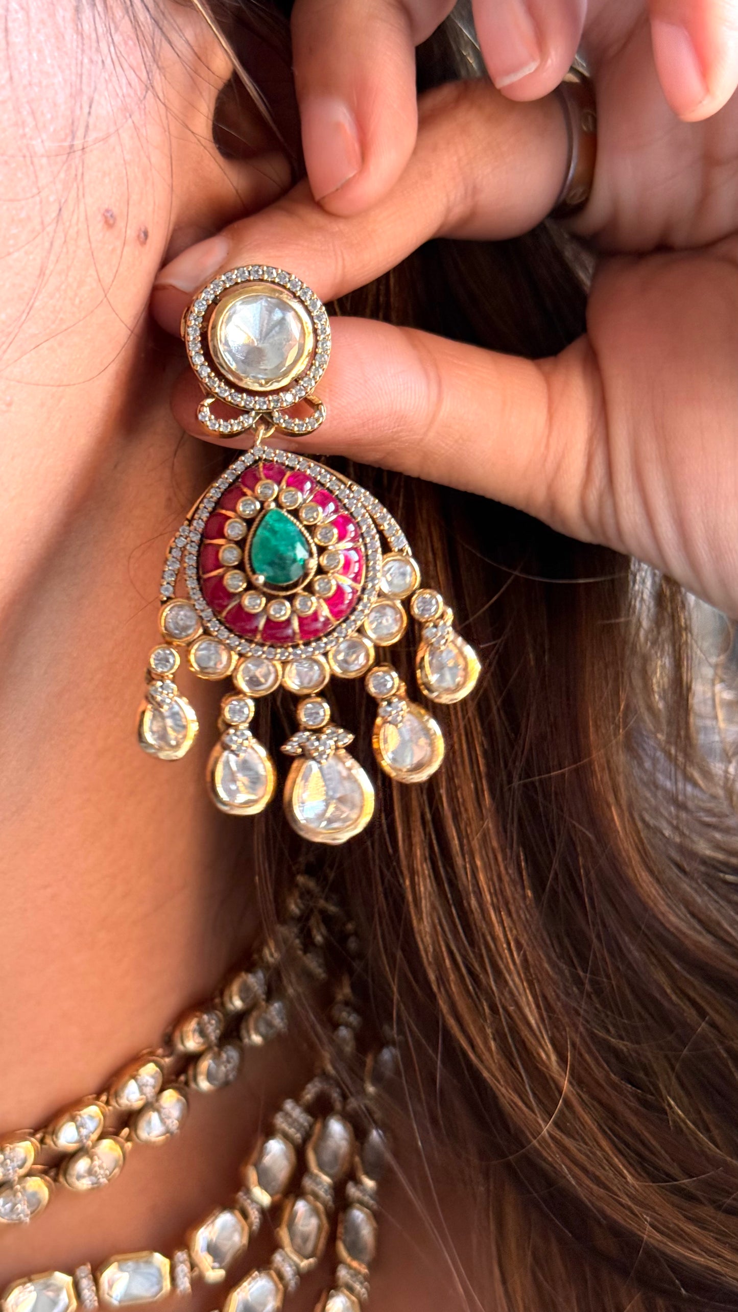Emerald & Ruby designer layer vintage necklace with polki detailing