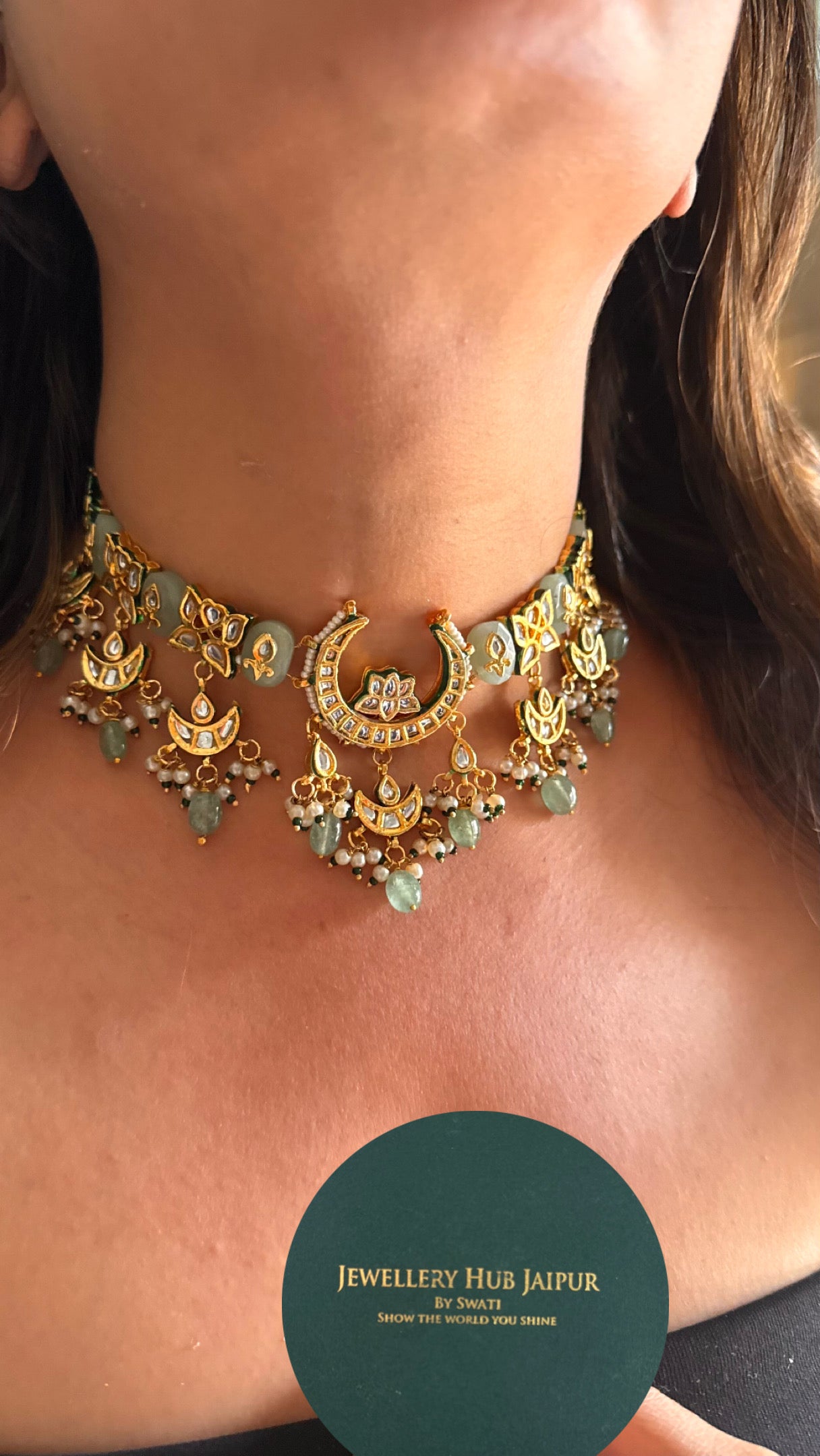 Mint inlay half moon meenakari with mint drops choker Necklace