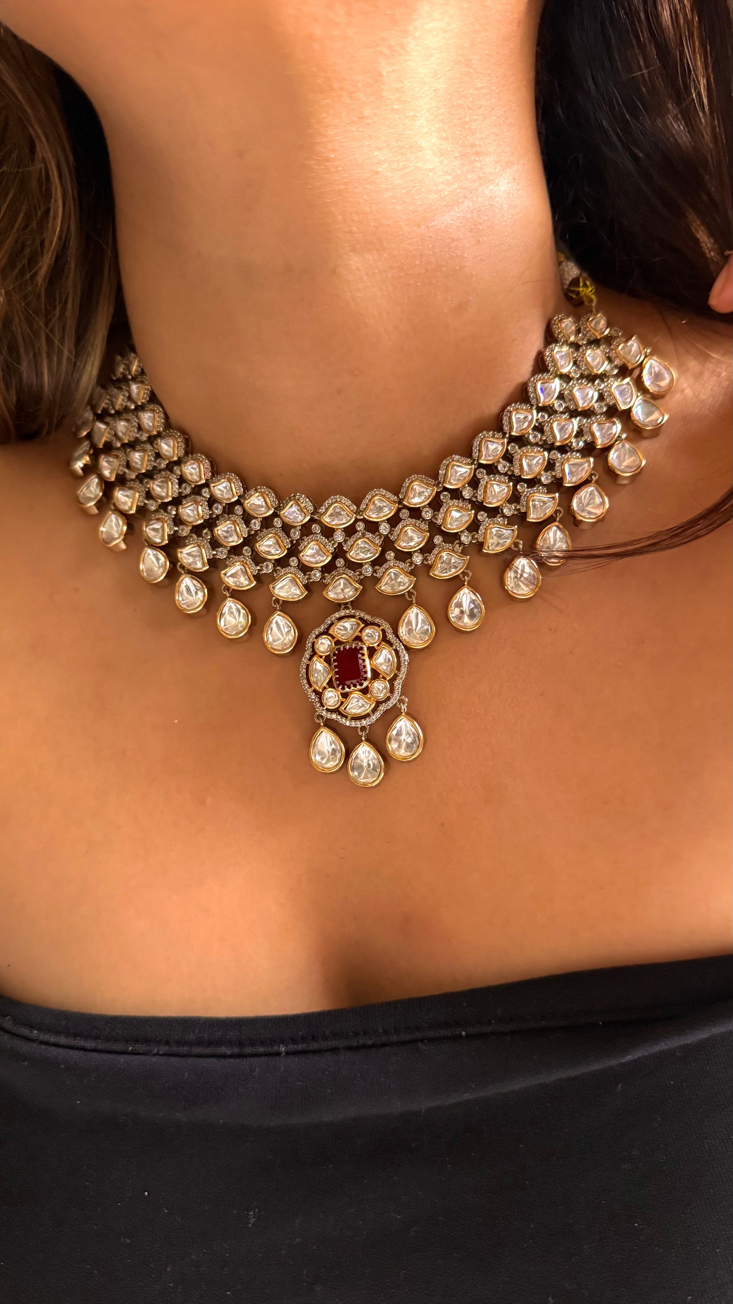 Ruby dual shade polki collar necklace with polki drops