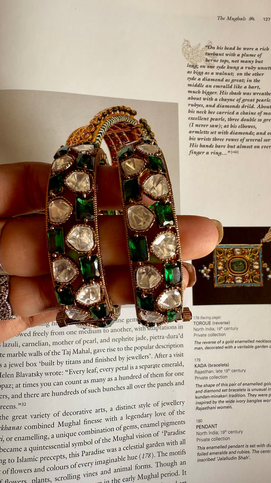 Emerald moissanite polki openable bangle set