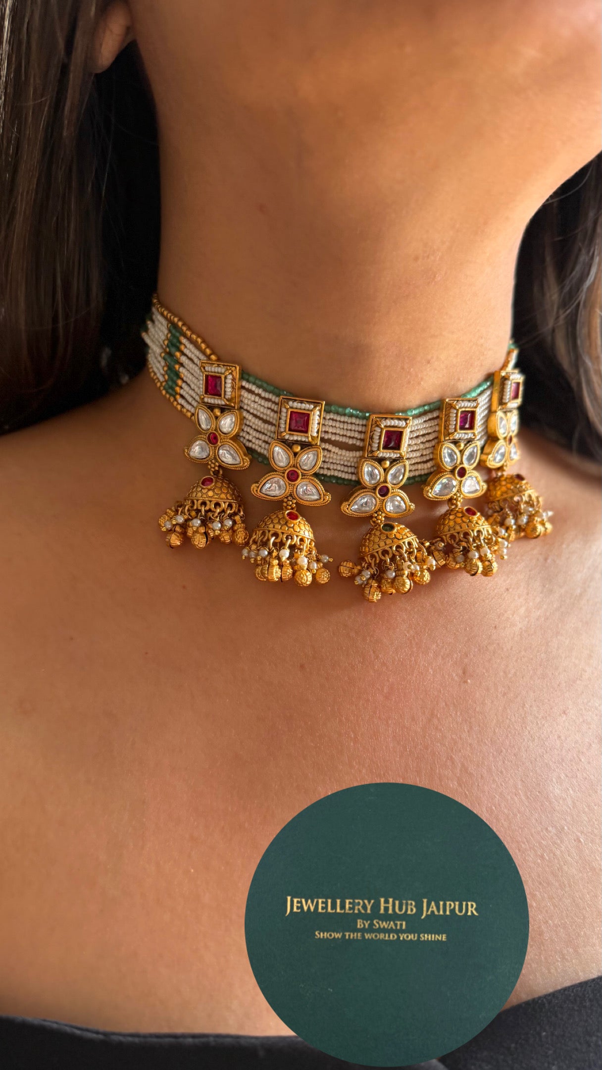 Ruby & emerald jhumki heritage necklace