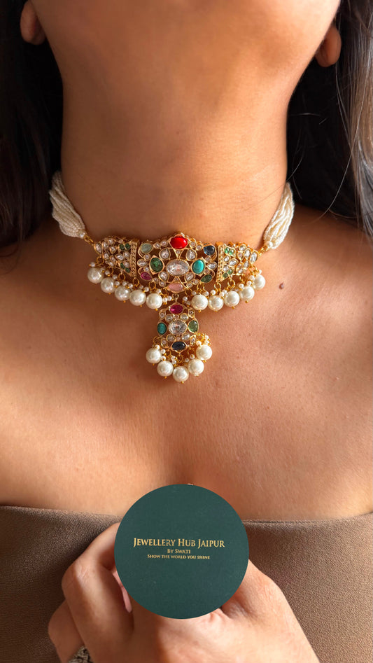 Paachi Kundan multicoloured with pearl detailing choker necklace