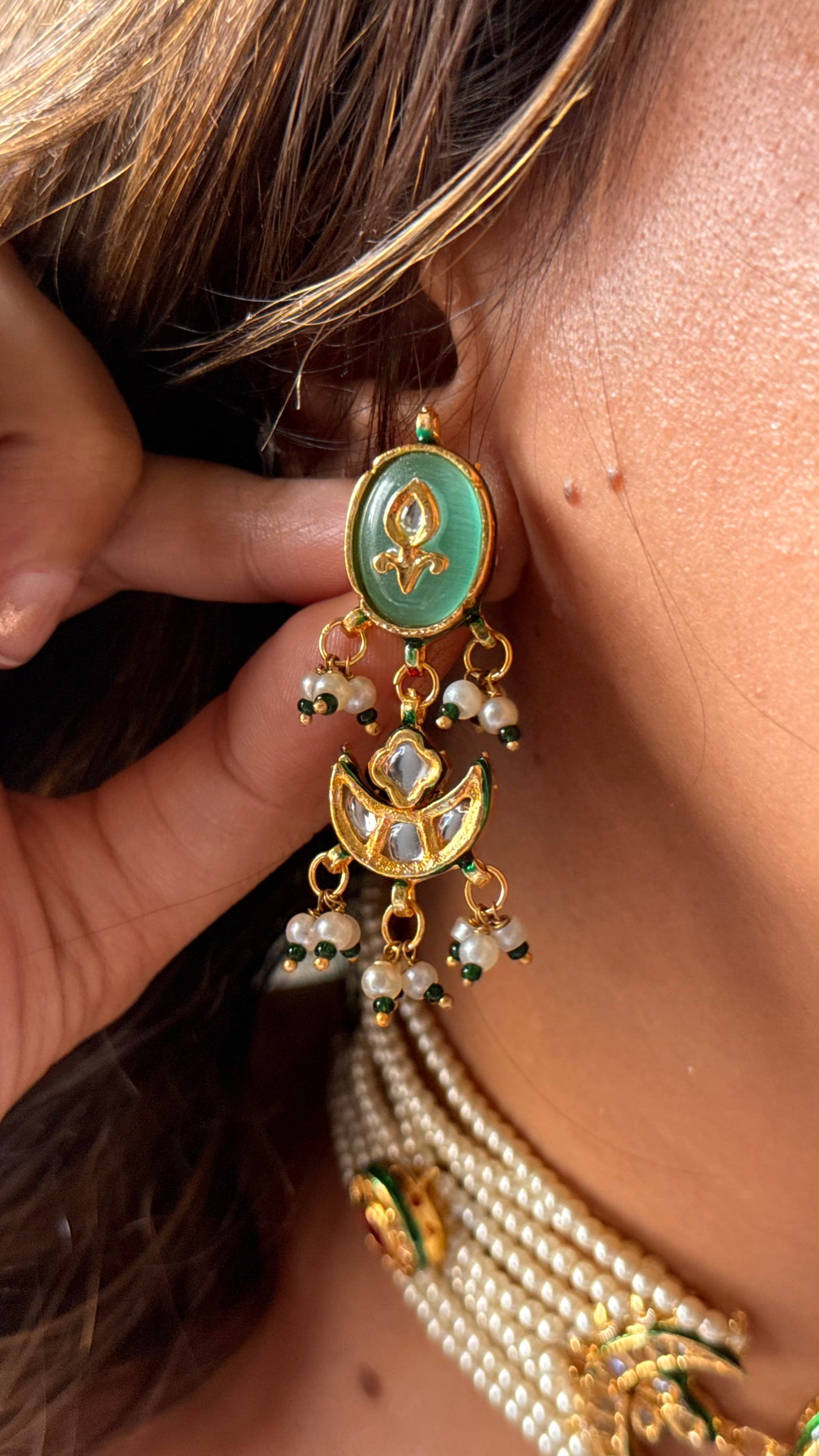 Mint inlay half moon shape meenakari thread choker Necklace