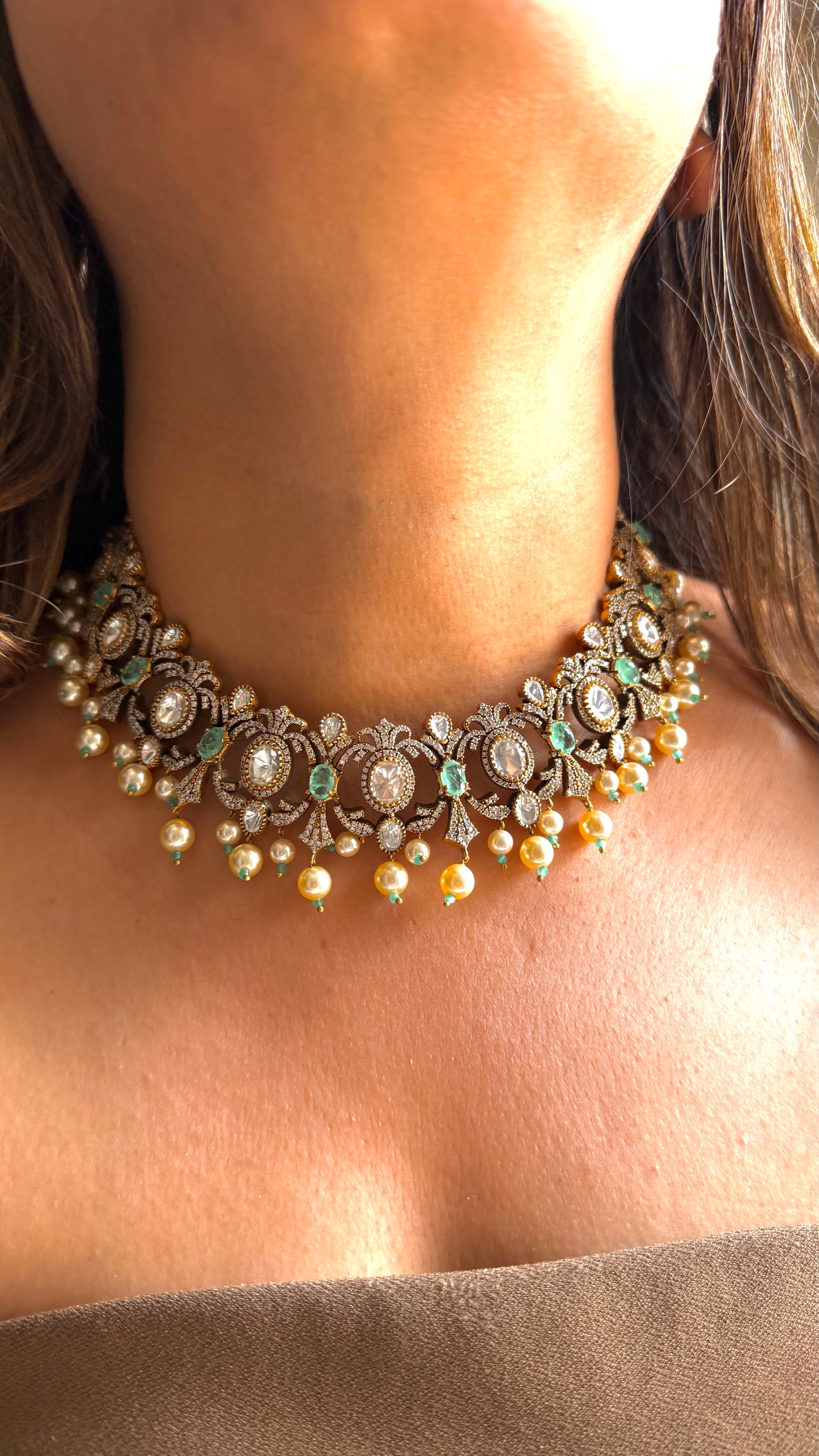 Pritam- Victorian Mint Collar Necklace with pearl detailing