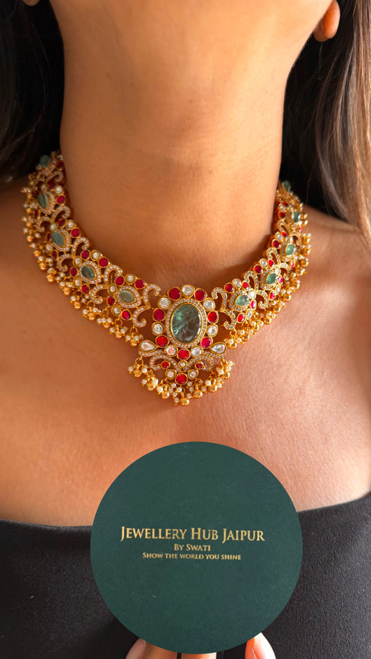 Amrapali inspired mint & rani pink designer collar necklace