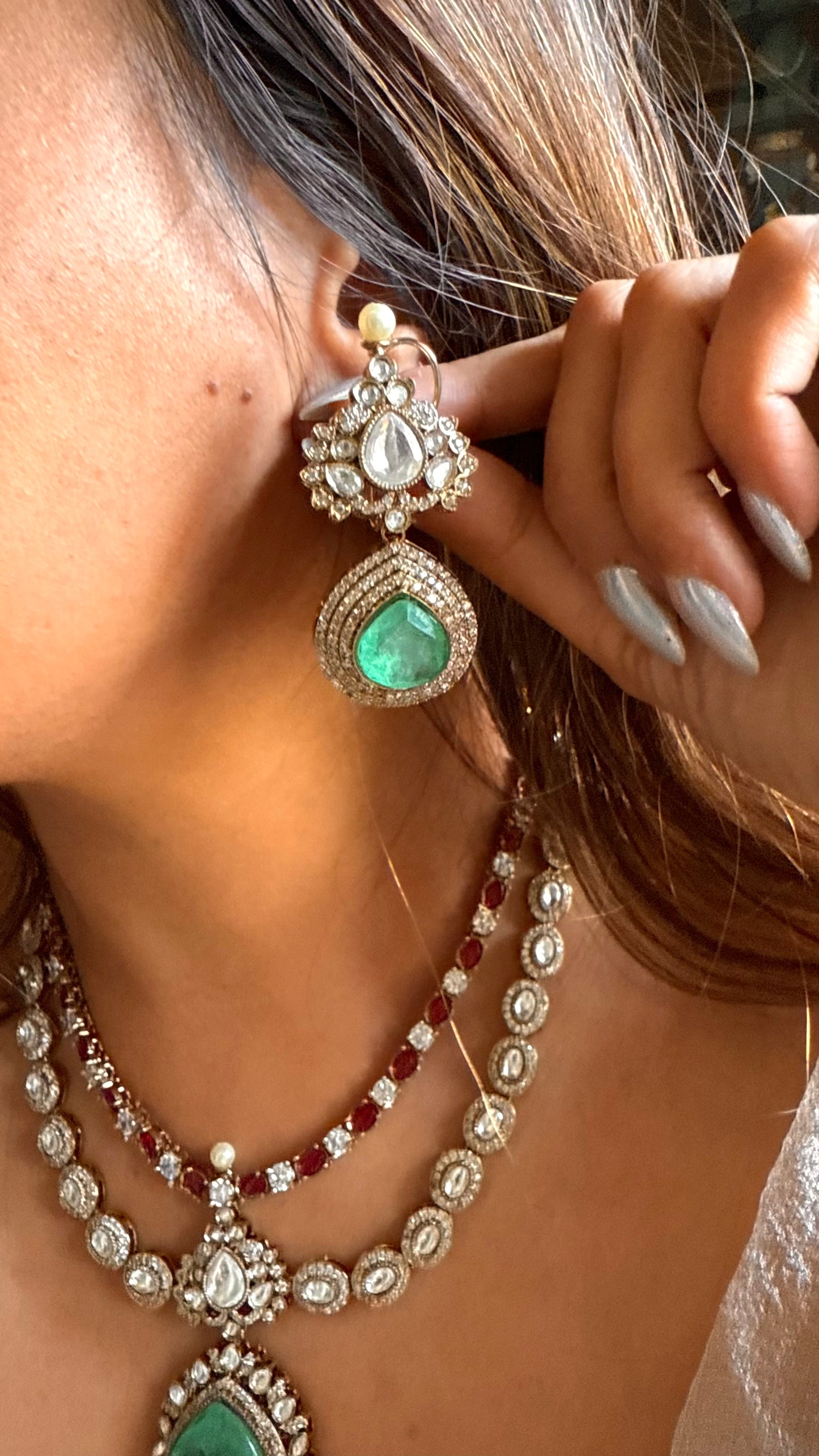 Mint doublet & ruby polki moissanite dual layer collar necklace