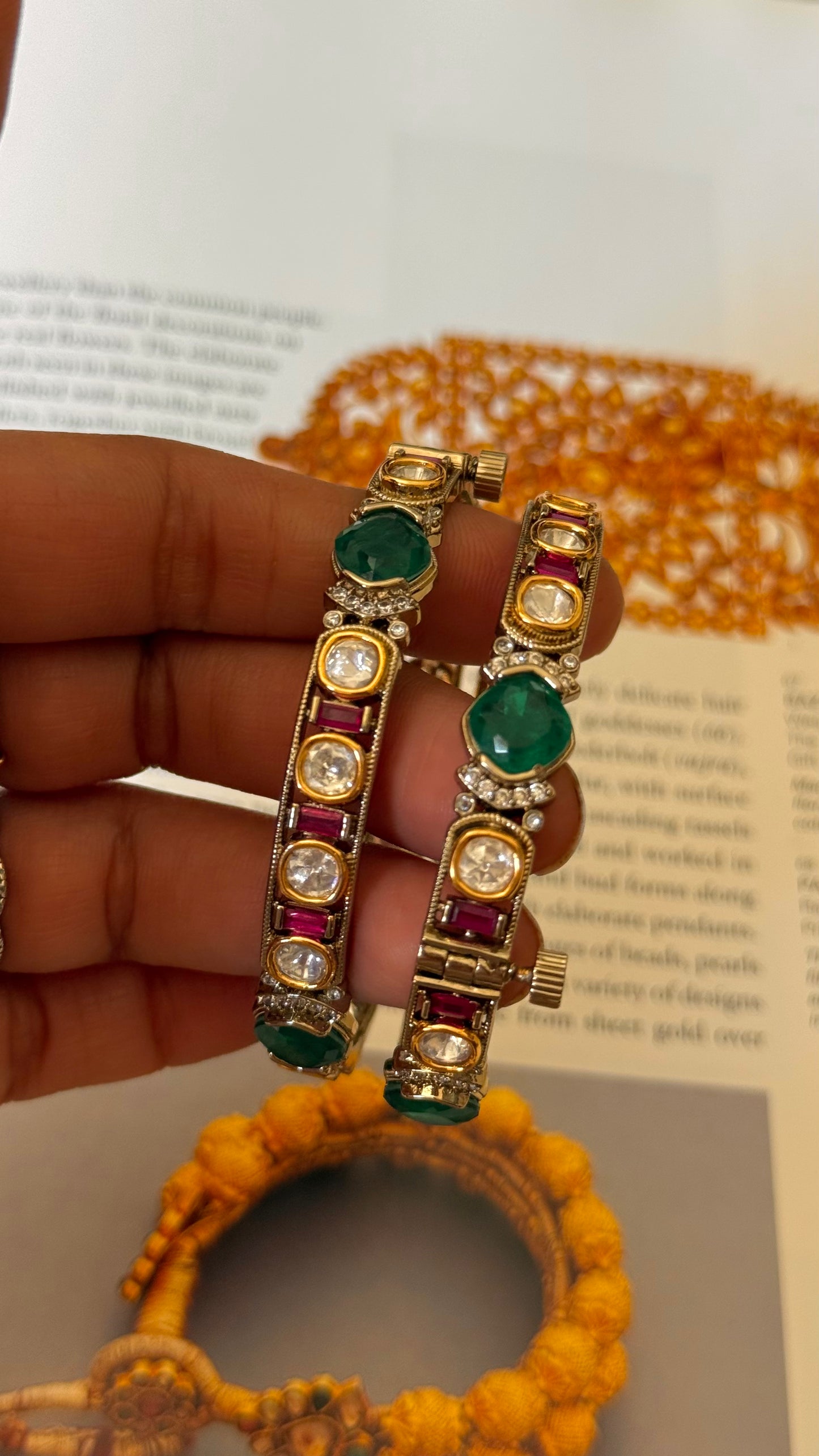 Emerald & rani pink Victorian bangles