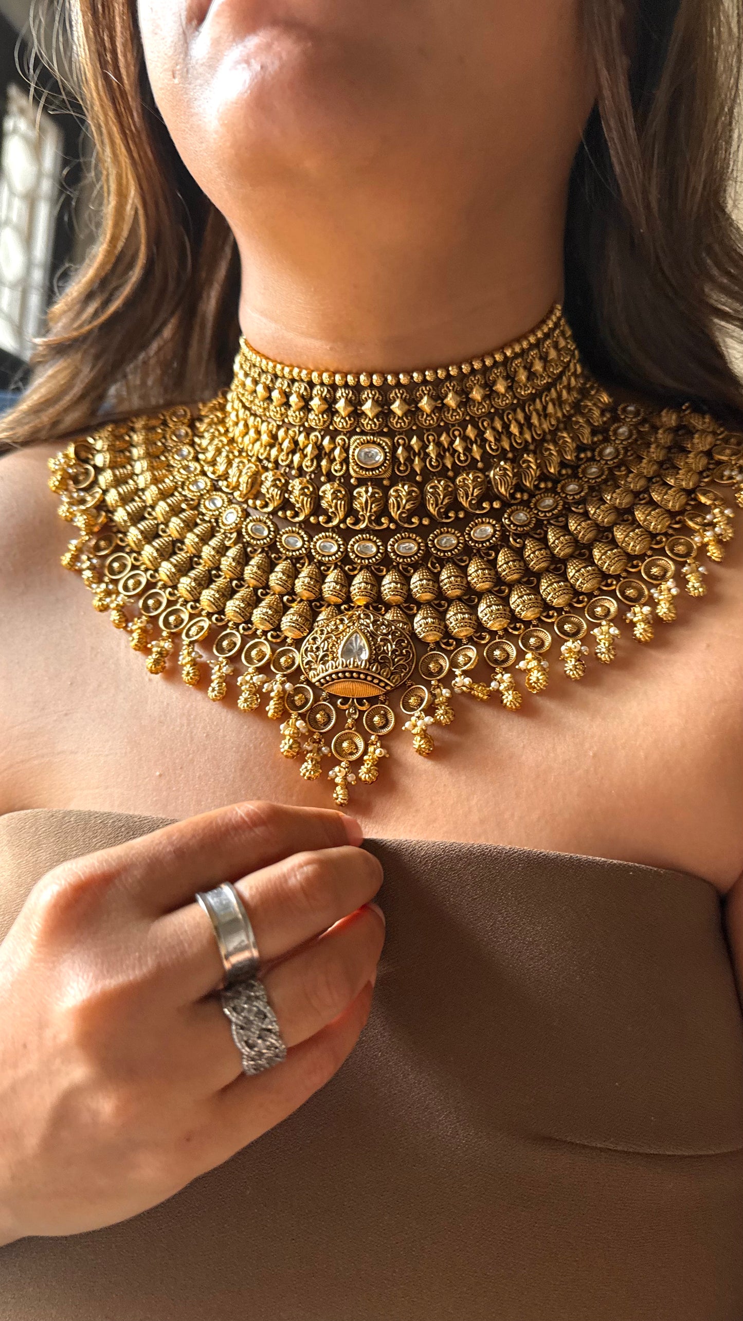 Oxidised heritage Royal bridal necklace set with gold drop detailing