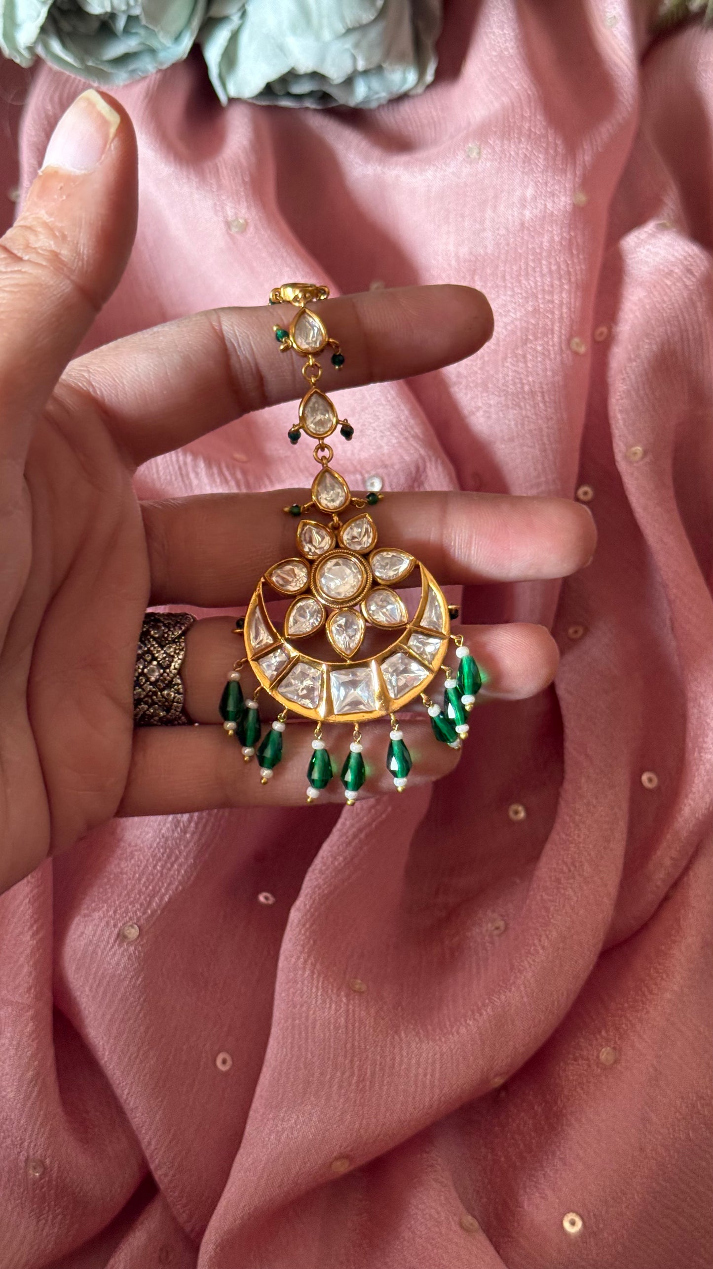 Emerald chandbali maangtika