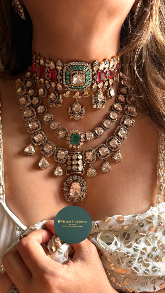 Rani pink ruby & emerald doublets uncut peeli polki combo necklace