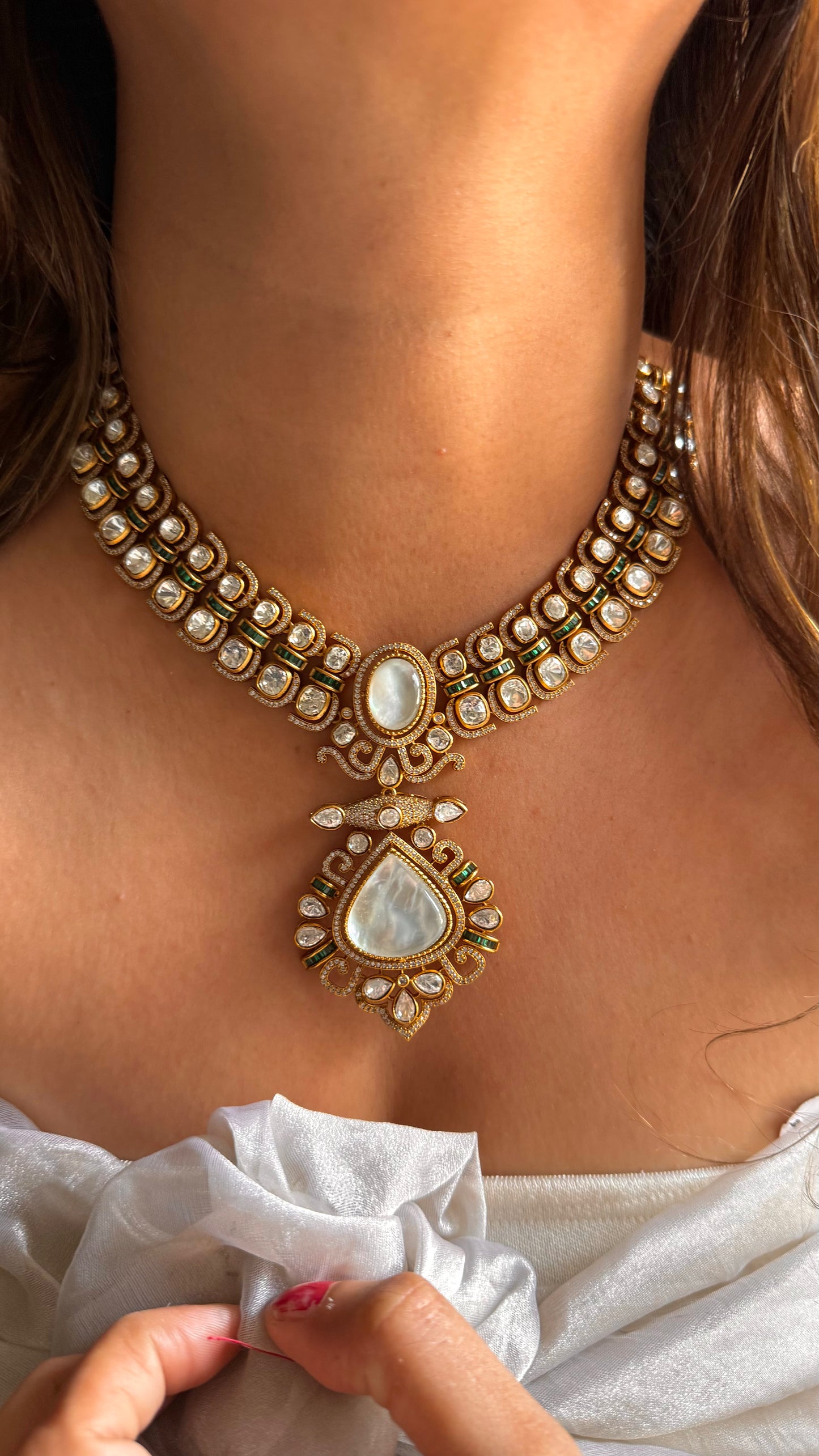 Mother of pearl & Emerald designer neckalce