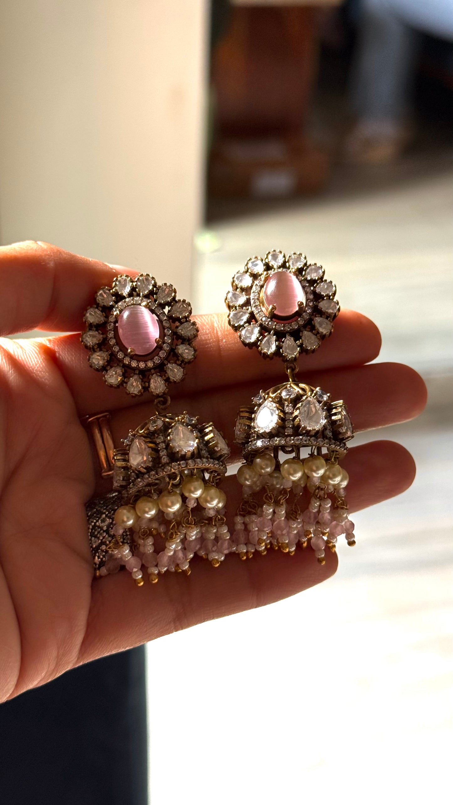 Rose quartz moissanite victorian jhumki