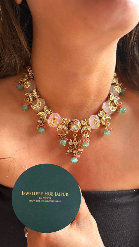 Rose quartz inlay carving with mint drops meenakari collar Necklace