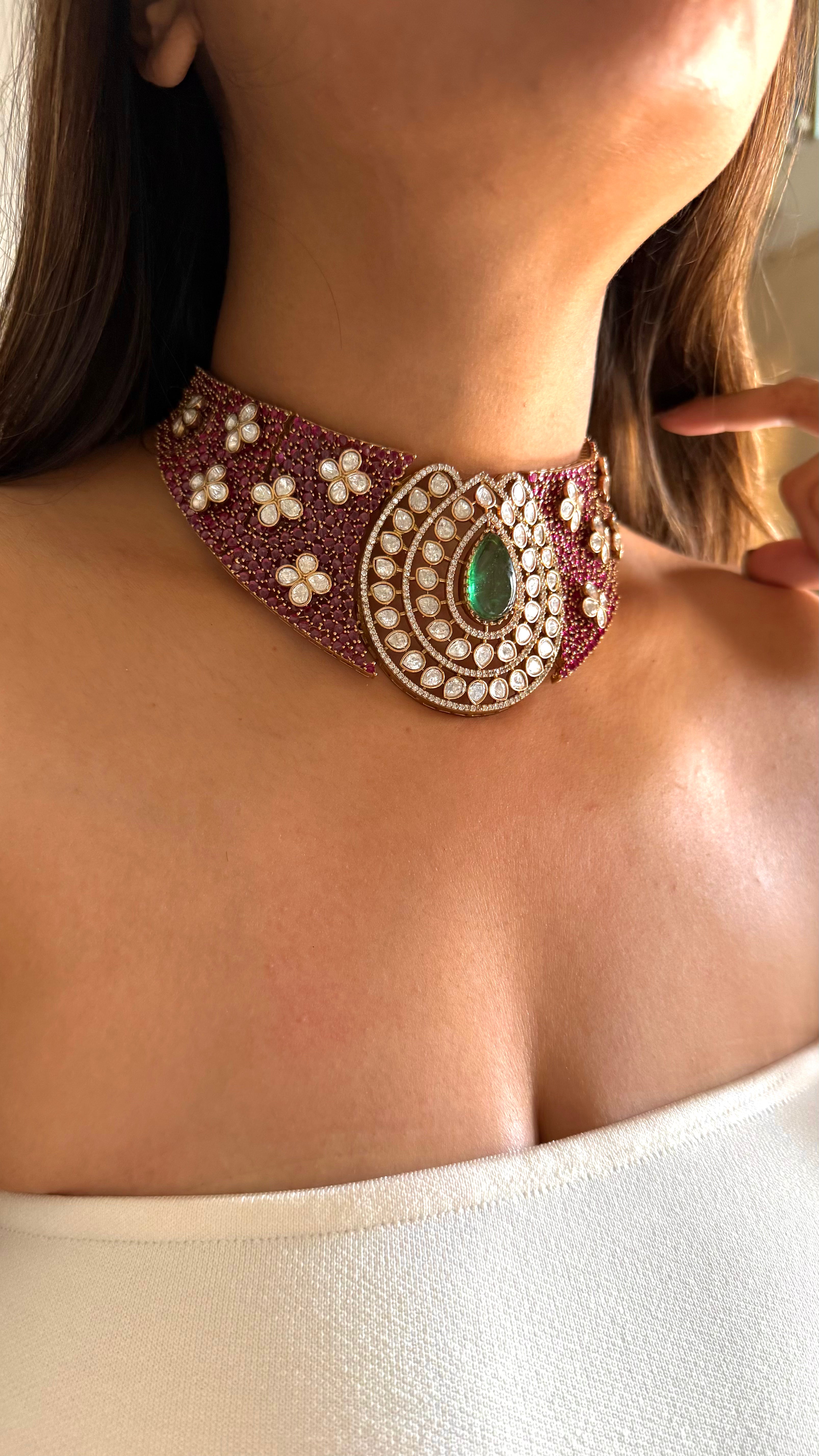 Rani pink & mint drop doublet moissanite flower choker