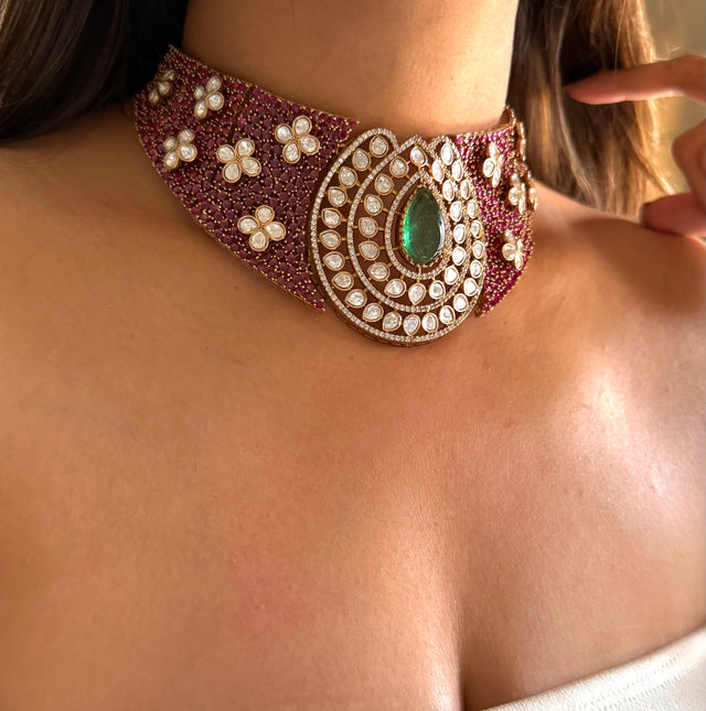 Rani pink & mint drop doublet moissanite flower choker