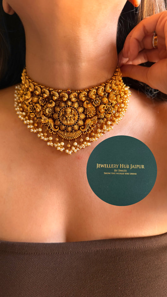 Goddess laxmi & ruby with pearl drops temple choker set