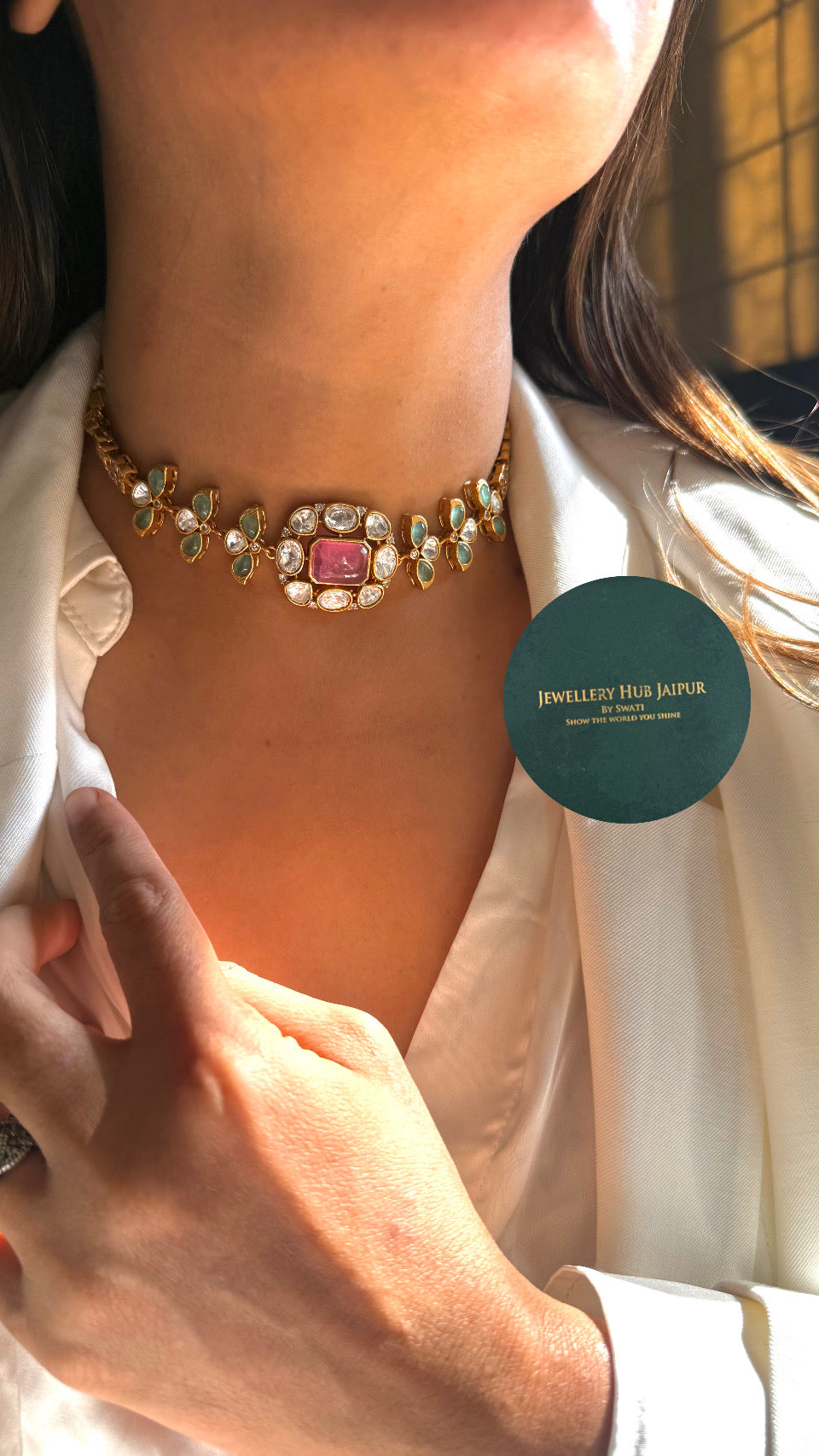 Rose quarts & Mint choker minimal set