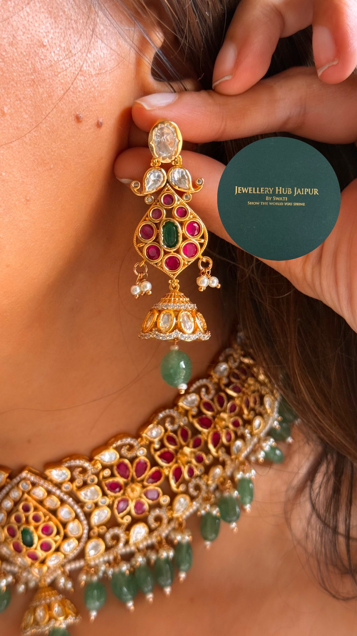 Emerald & ruby floral design with mint drop rajwada choker set