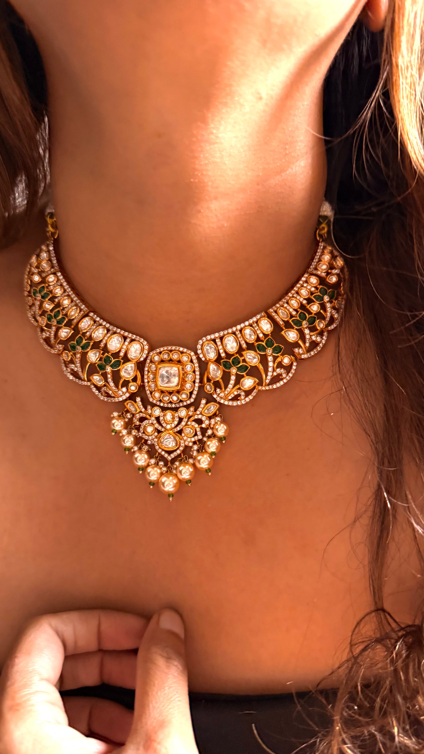 Emerald Moissanite Polki Necklace ( dual Polish)