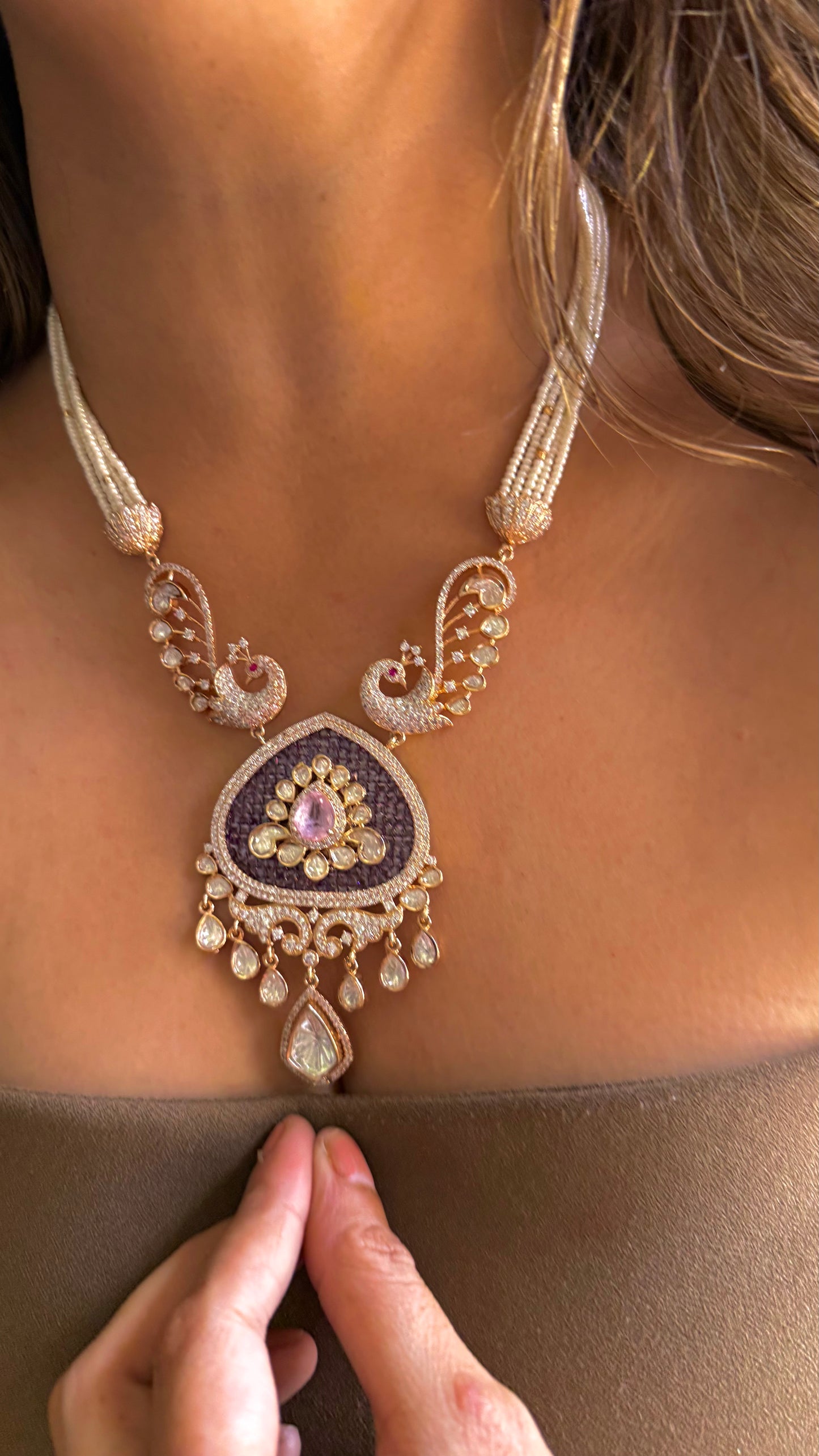 Tanzanite & rose quartz designer, collar necklace